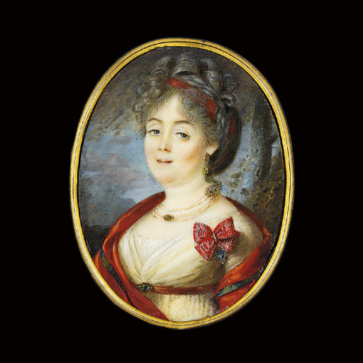 Charles White — Анна Александровна Обольянинова, урожденная Ермолаева (1754-1822), в белом платье, красном поясе, золотых ожерельях, красном палантине на плечах, красной ленте в зачесанных наверх волосах, со знаком Императорского российского ордена Святой Екатерины на левой стороне груди; на фоне неба и деревьев