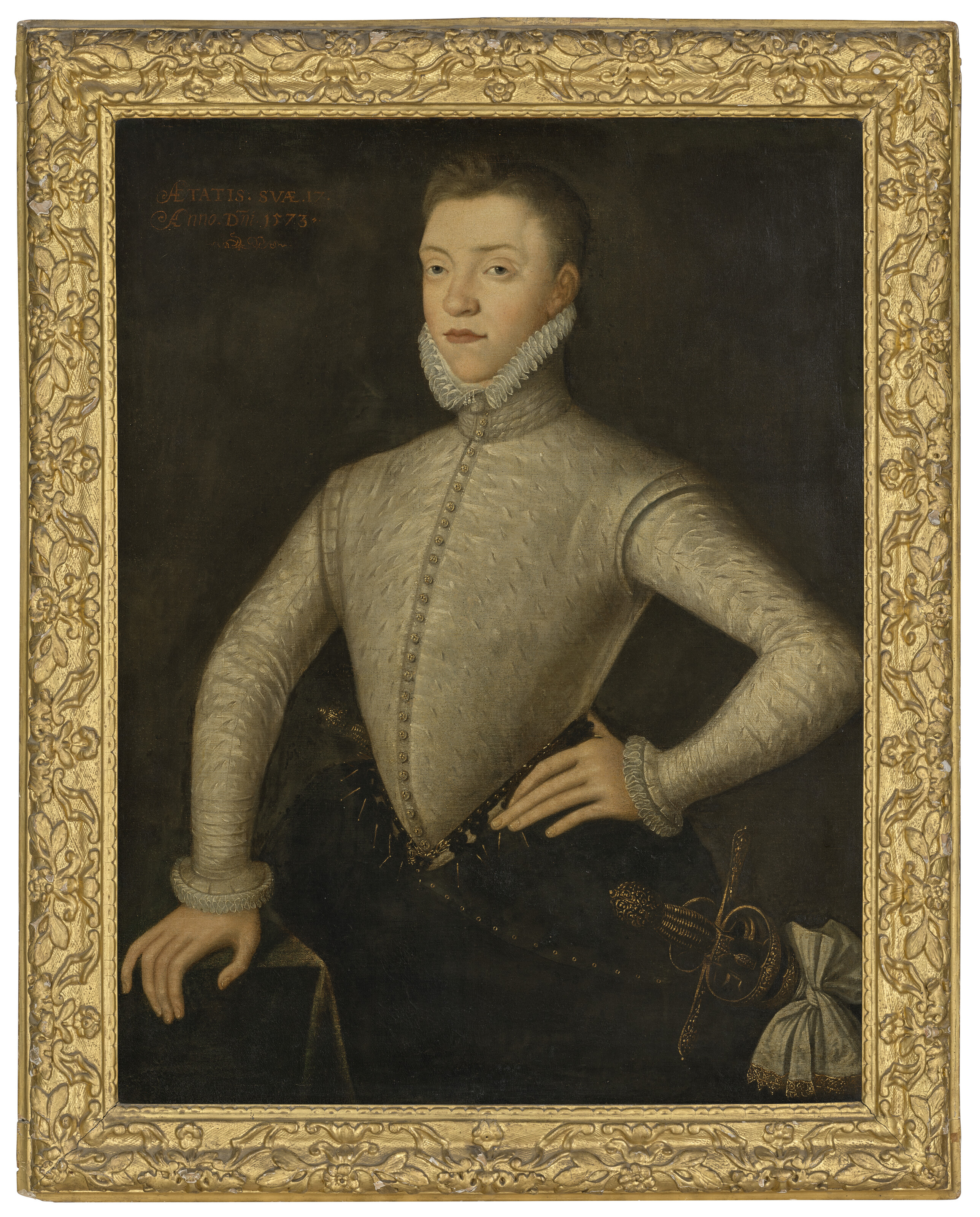 Charles White — Портрет Чарльза Стюарта, 5-го графа Леннокса (ок. 1556-1576), в три четверти роста, в белом камзоле с разрезом и черных бриджах, изображение 1