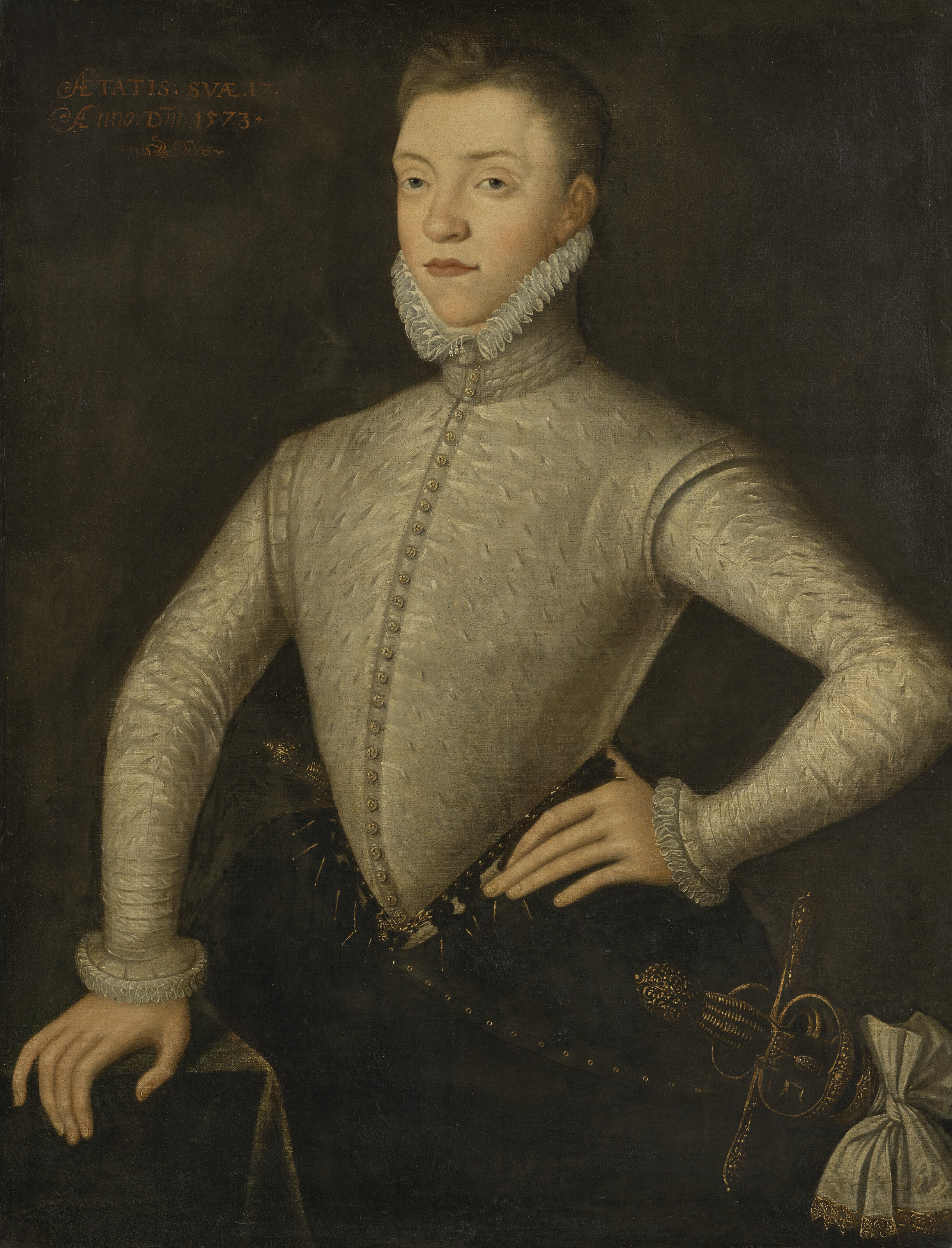Charles White — Портрет Чарльза Стюарта, 5-го графа Леннокса (ок. 1556-1576), в три четверти роста, в белом камзоле с разрезом и черных бриджах, изображение 2