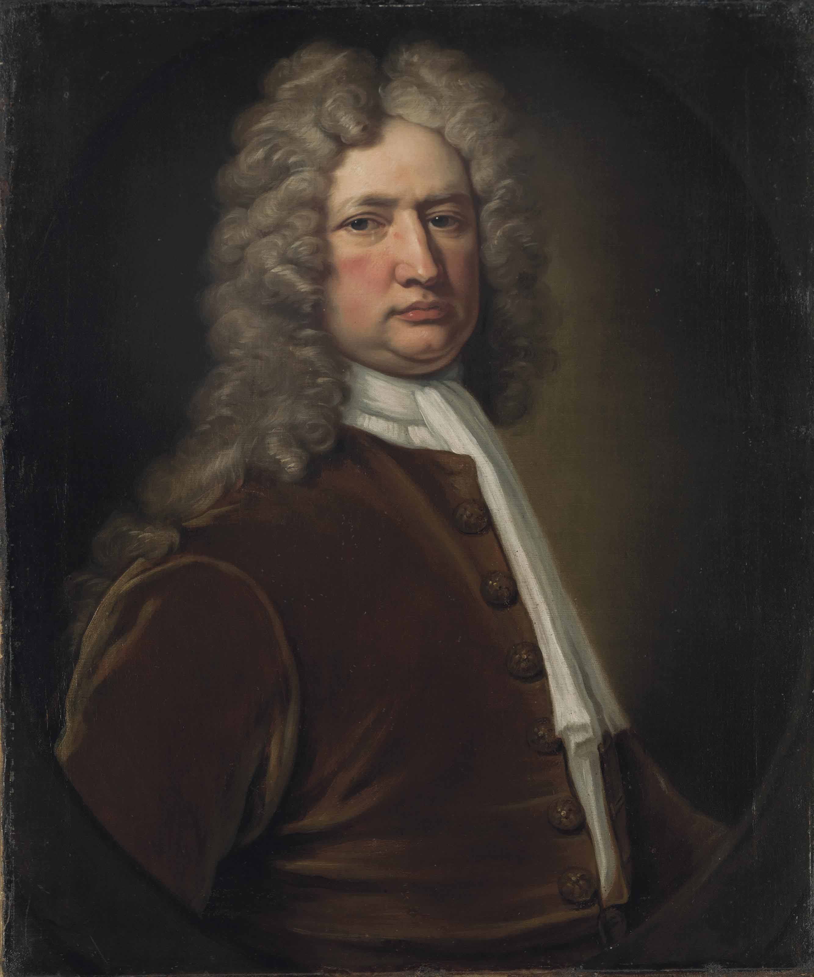 Charles White — Портрет адмирала сэра Чарльза Вейджера (1666-1751), во весь рост, в коричневом фраке и белом галстуке, в искусственном овальном обрамлении.
