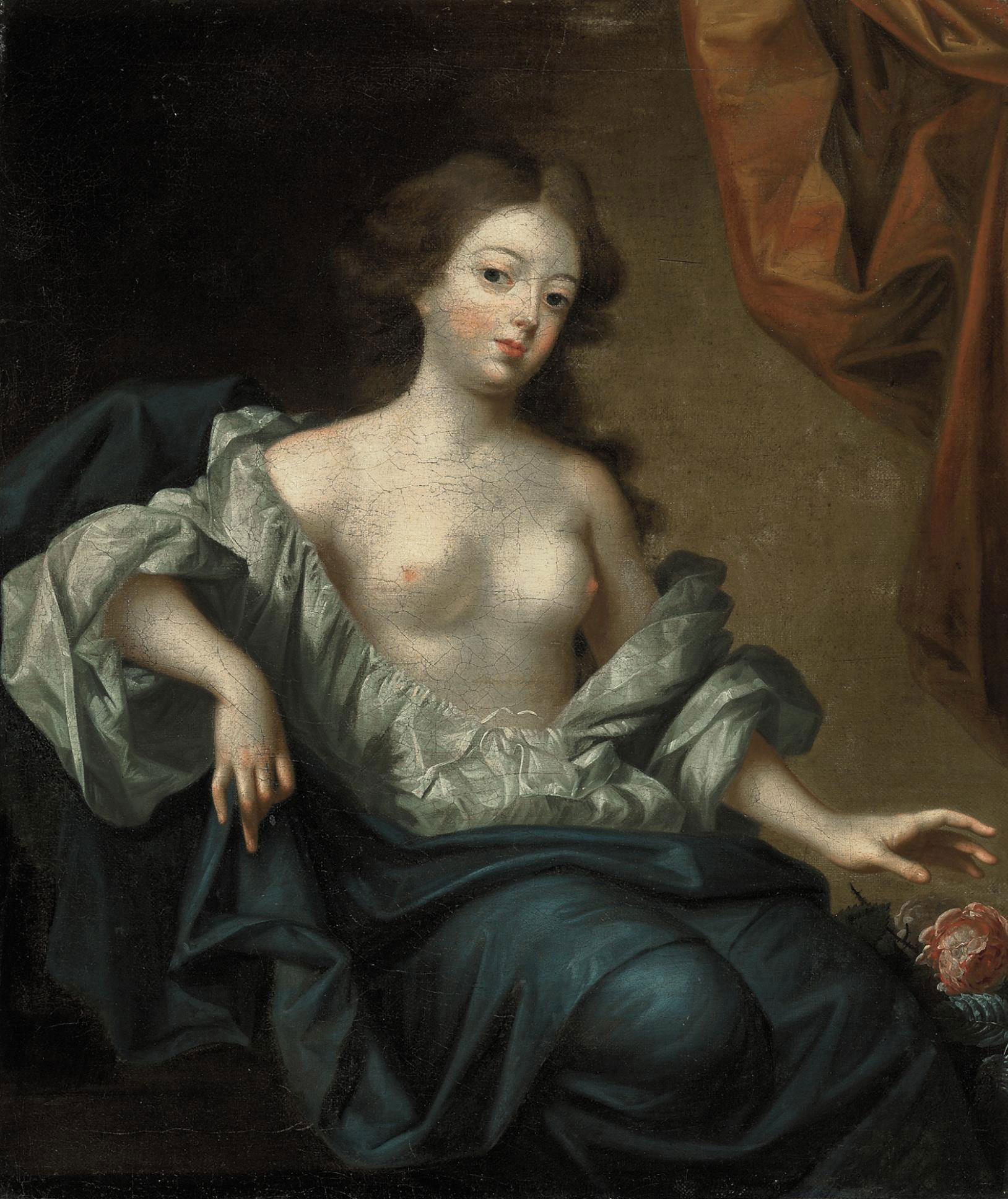 Charles White — Портрет Нелл Гвин (1650-1687), актрисы и любовницы короля Англии Карла II, в три четверти роста, сидящей, в белой сорочке и голубой накидке, с цветочным узором, с цветком