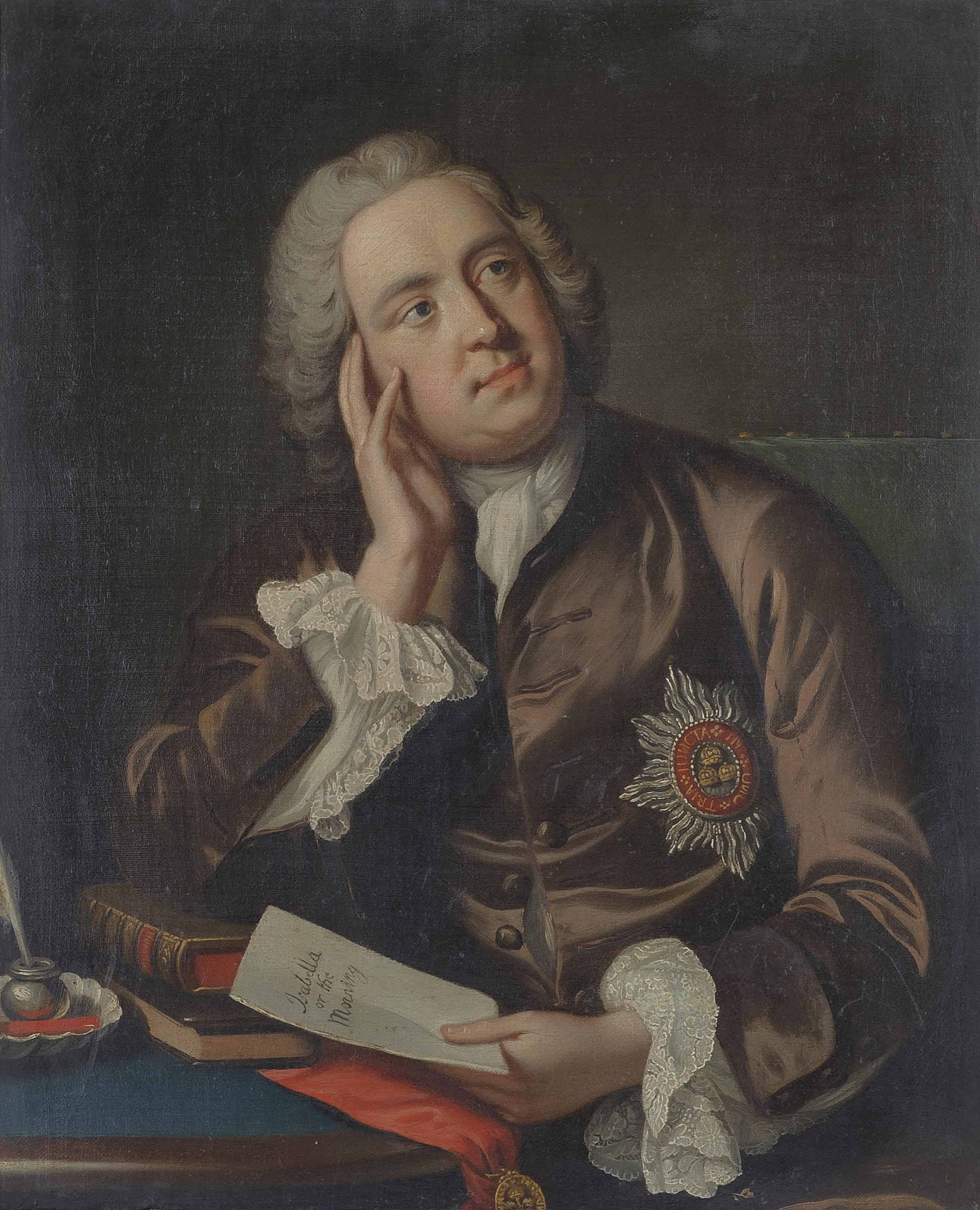 Charles White — Портрет сэра Чарльза Хэнбери Уильямса (1708-1759), в полный рост, в коричневом сюртуке и белой рубашке, со звездой ордена Бани, с письмом в левой руке, сидящего за письменным столом