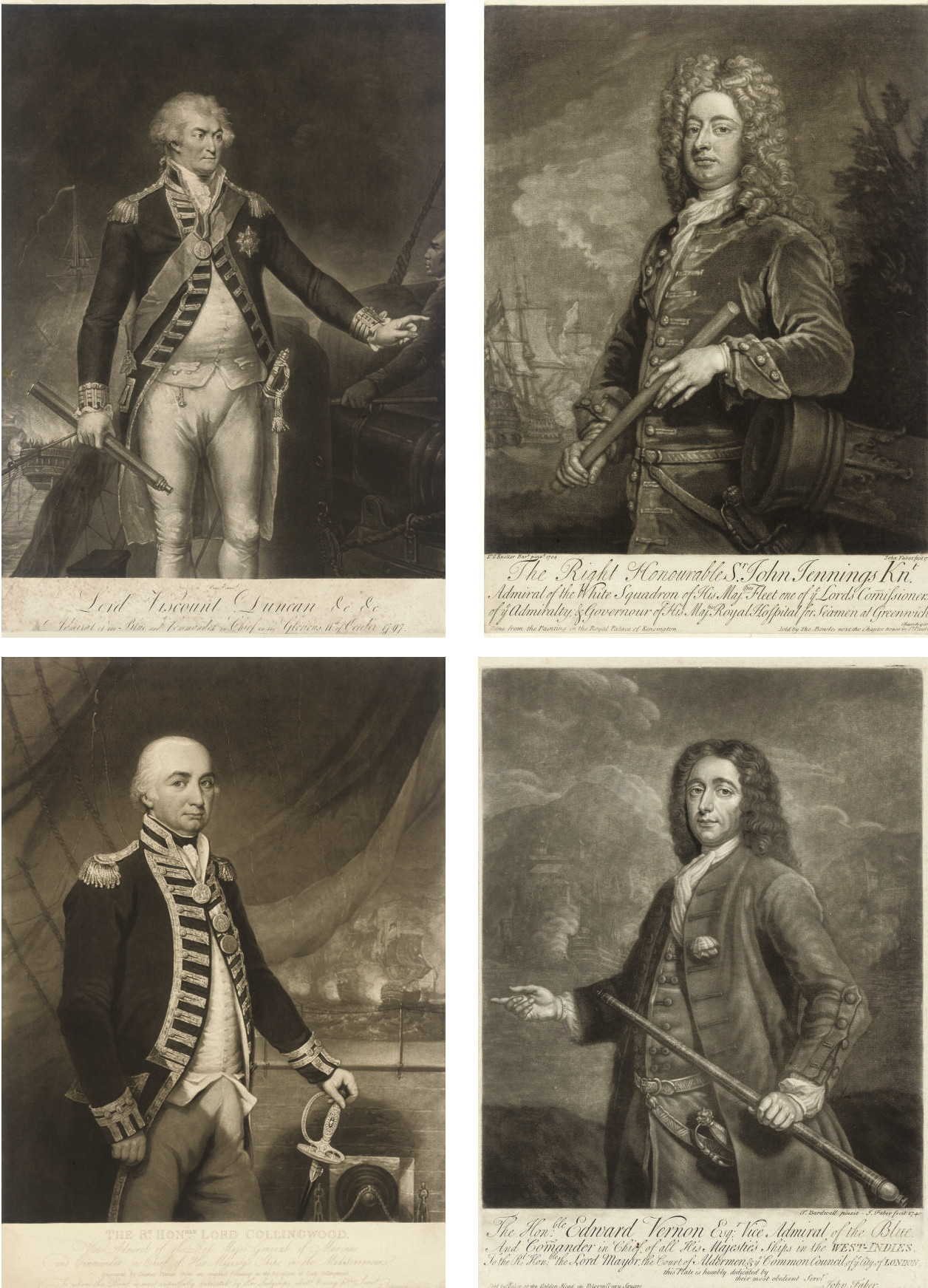 Charles White — Эдвард Вернон, вице-адмирал синий; сэр Чарльз Пари, Адмирал синий; Сэр Томас Харди, контр-адмирал синий; Достопочтенный Уильям Роули, вице-адмирал синий; сэр Эдуард Хоук, вице-адмирала белой эскадры; Достопочтенный Чарльз Стюарт, вице-адмирала белой эскадры; Достопочтенный Эдвард Боскавен, контр-адмирала белой эскадры; Томас Смит, Эсквайр, Вице-адмирал Белого; сэр Эдуард Хоук, Адмирал белой эскадры; сэр Джон лик, контр-адмирал; достопочтенного Генри Попурри Эсквайр, Контр-адмирал белой эскадры; лорд Джордж Ансон, Адмирал синий; Достопочтенный Адмирал Рассел, Джордж Лорд Эджкомб; сэр Джон Дженнингс, Адмирал белой эскадры; сэр Чалонер Огл, контр-адмирала синей эскадры; Джордж Ли Эсквайр, один из комиссаров лордов Адмиралтейства; лорд Джордж Ансон, Первого Лорда комиссара Адмиралтейства; Адмирал Вернон; Чарльз Сондерс Эсквайр, Вице-адмирал синий; Лорд Виконт Дункан, Адмирал синий; сэр Уильям Бартли, адмирал; лорд Хью Сеймур, вице-адмирал синий; Джеймс Хокинс Whitshed Эсквайр, Контр-адмирал Белый; капитан Ригби; сэр Чарльз Сэкстон; сэр Джордж рук, вице-адмирал; лорд Гамбье; капитан Джордж Дафф; сэр Гайд Паркер, капитан "Феникса"; капитан Джон Эльфинстон; Достопочтенный Лорд Коллингвуд, вице-адмирал Красного; капитан Джон Эльфинстон Эсквайр.; Джон граф Сент-Винсент, Адмирал Красного; достопочтенного Джорджа Дугласа; Шарль Морис полюса, Адмирал Красного; сэр Джордж Мюррей, вице-адмирал красного; и Сэр Ричард Кинг, вице-адмирал Красного