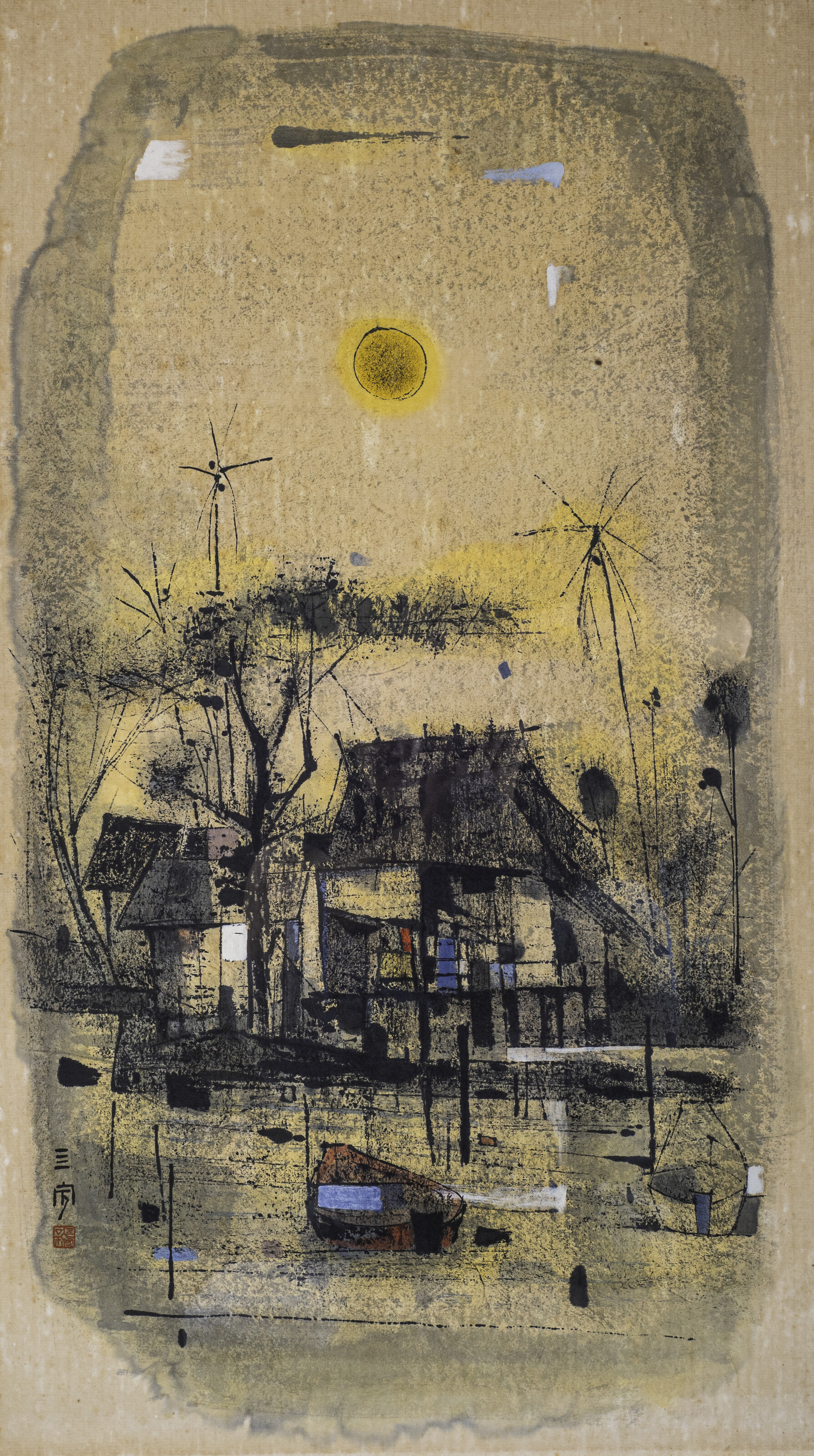 Cheong Soo Pieng — Сцена в Кампонге (дома на сваях)