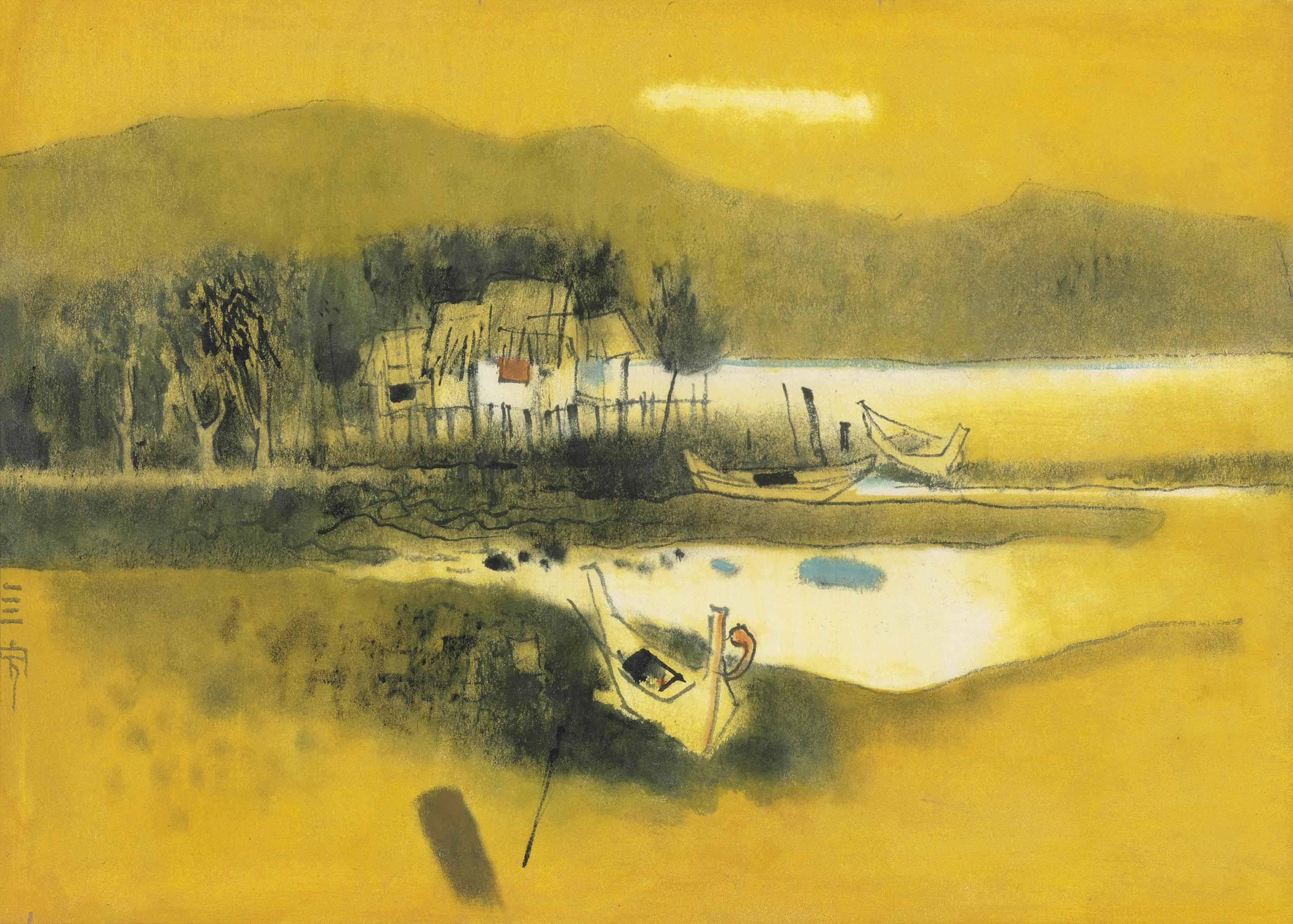 Cheong Soo Pieng — РЕЧНАЯ СЦЕНА С ЛОДКАМИ