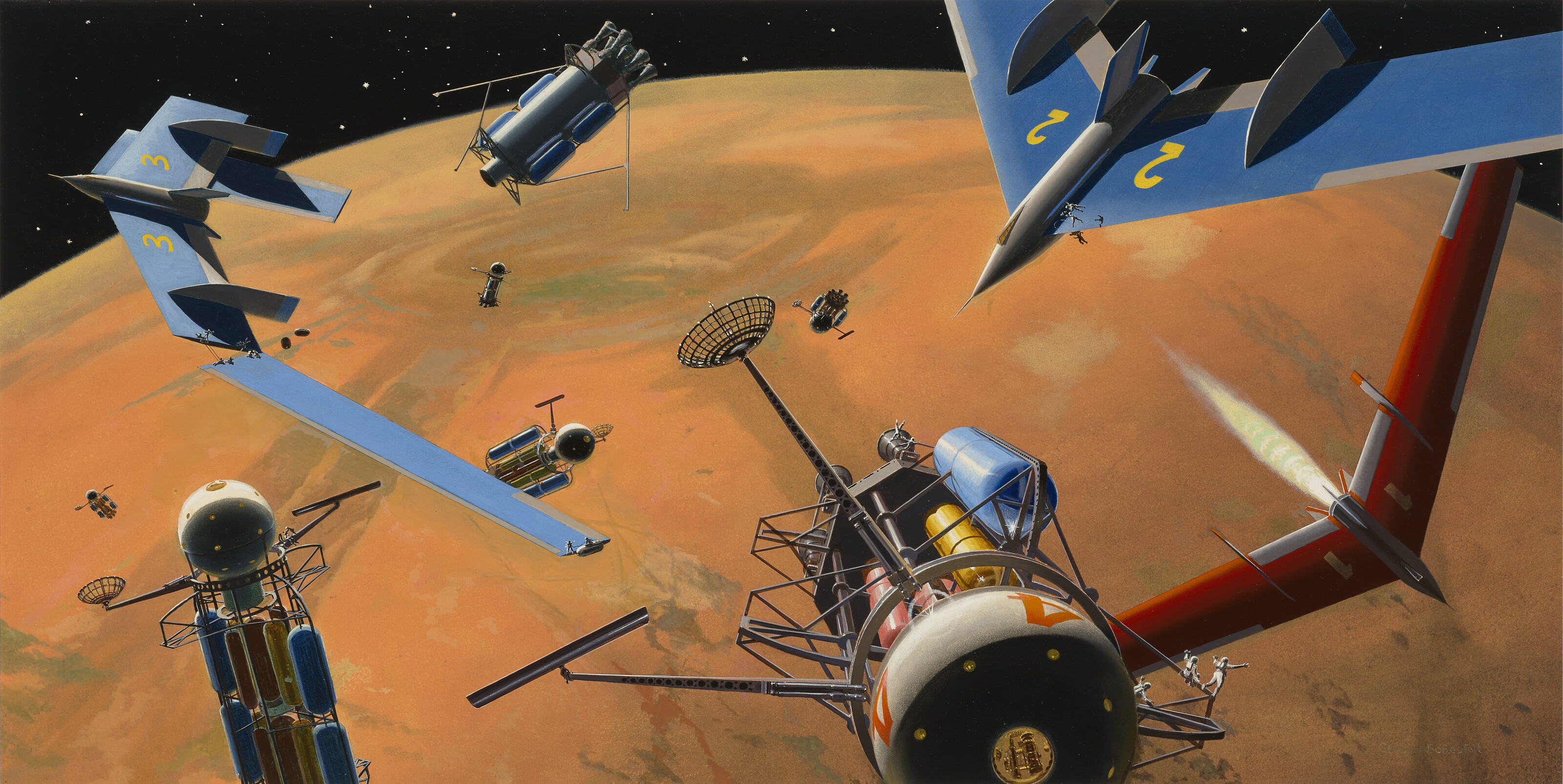 Chesley Bonestell — НА ОРБИТЕ В 600 МИЛЯХ НАД МАРСОМ! ГОТОВИТСЯ К ПОСАДКЕ