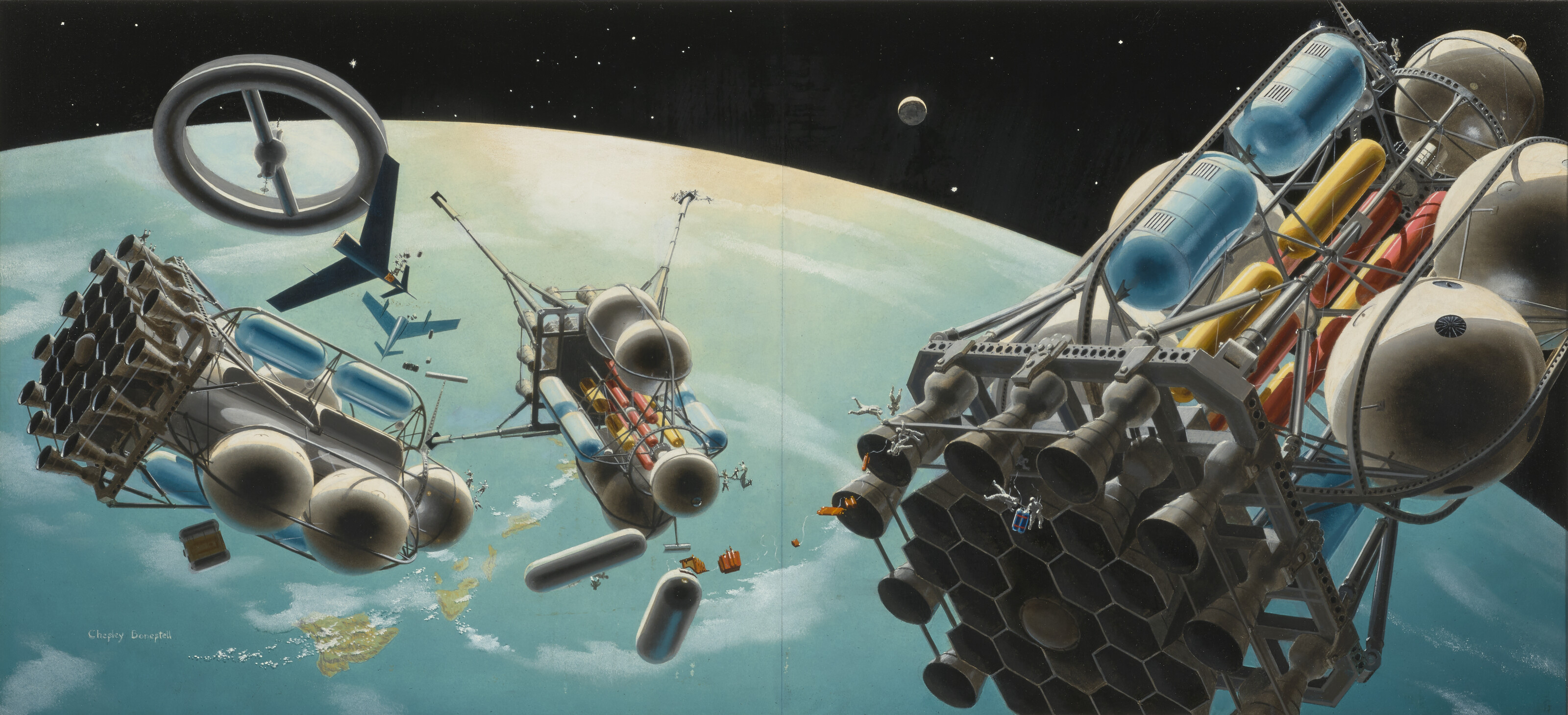 Chesley Bonestell — СБОРКА ЛУННЫХ КОРАБЛЕЙ НА ВЫСОТЕ 1075 МИЛЬ НАД ГАВАЙСКИМИ ОСТРОВАМИ