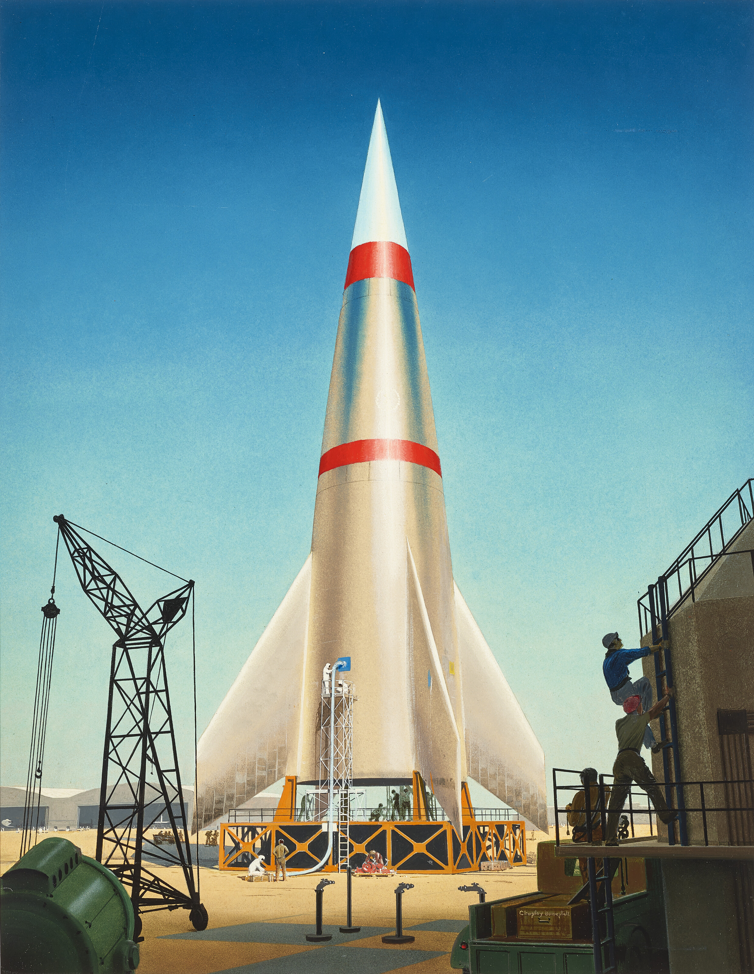 Chesley Bonestell — ТРЕХСТУПЕНЧАТАЯ РАКЕТА-НОСИТЕЛЬ, ПРЕДНАЗНАЧЕННАЯ ДЛЯ ВЫВОДА НА ОРБИТУ НОВОЙ КОСМИЧЕСКОЙ СТАНЦИИ