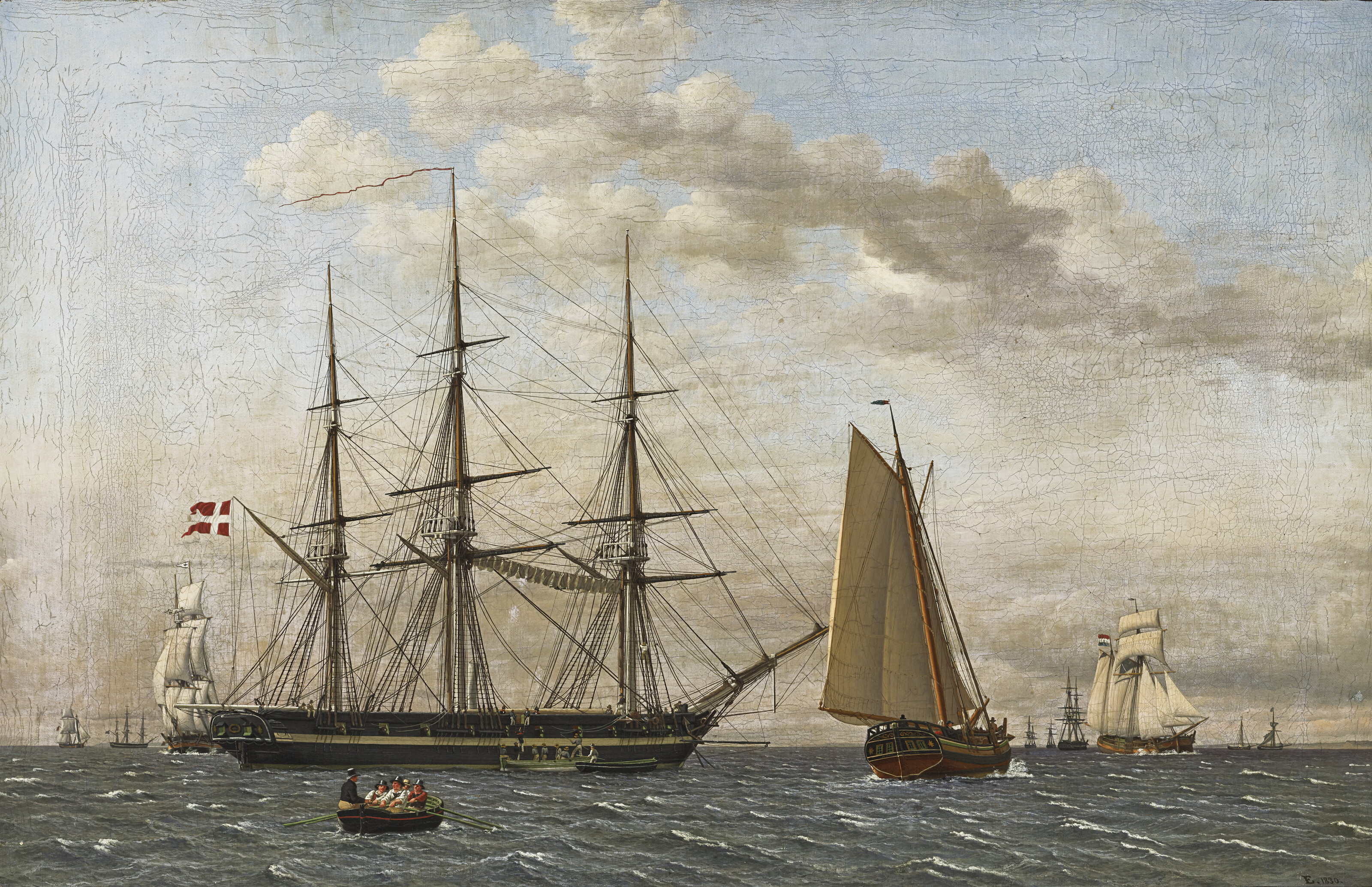 Christoffer Wilhelm Eckersberg — Вид на город Хельсингор, мед-ан-Данск, Корветы до Анкерса, самт Ногле и Андре катаются на лыжах под водой до Анкерса (Вид на юг с рейда Эльсинора с датским корветом на якоре и более мелкими судами, одни под парусами, другие на якоре).