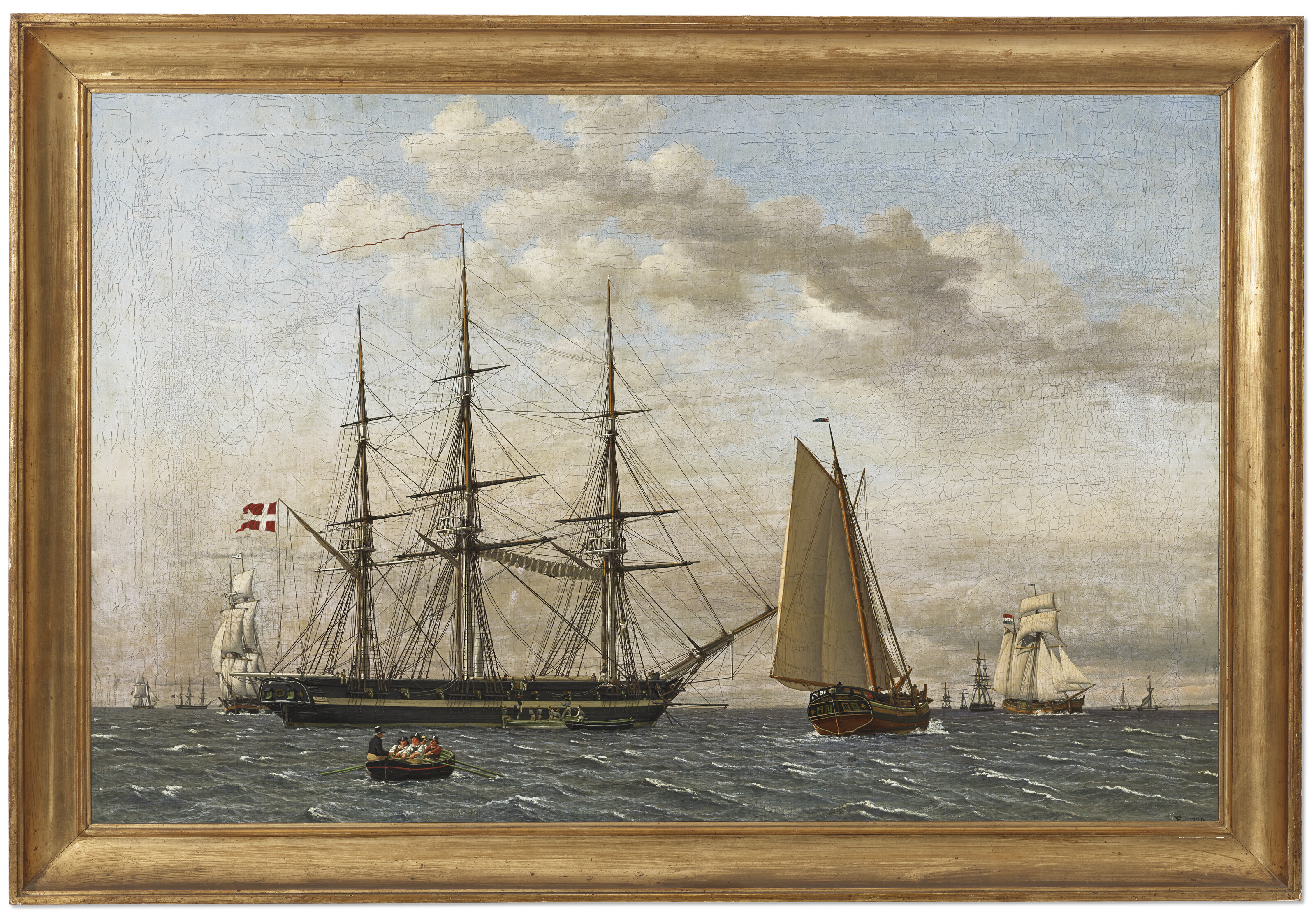 Christoffer Wilhelm Eckersberg — Вид на город Хельсингор, мед-ан-Данск, Корветы до Анкерса, самт Ногле и Андре катаются на лыжах под водой до Анкерса (Вид на юг с рейда Эльсинора с датским корветом на якоре и более мелкими судами, одни под парусами, другие на якоре)., изображение 2