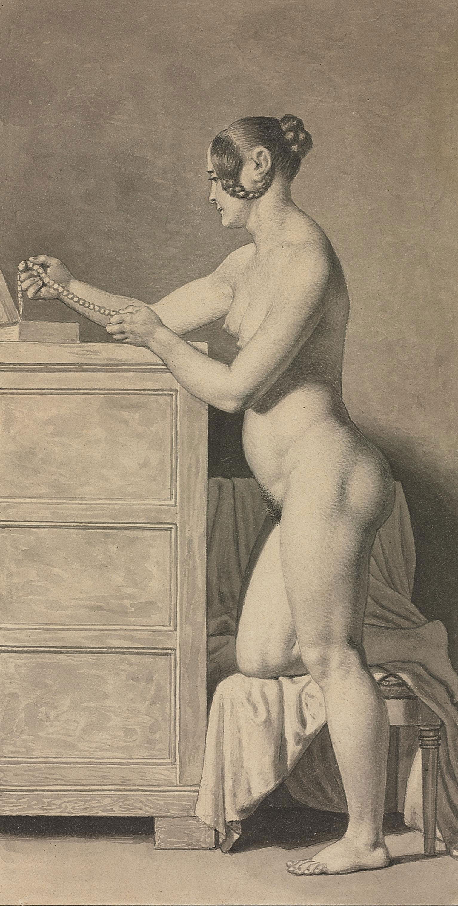 Christoffer Wilhelm Eckersberg — Обнаженная женщина, стоящая на коленях на стуле и любующаяся жемчужным ожерельем