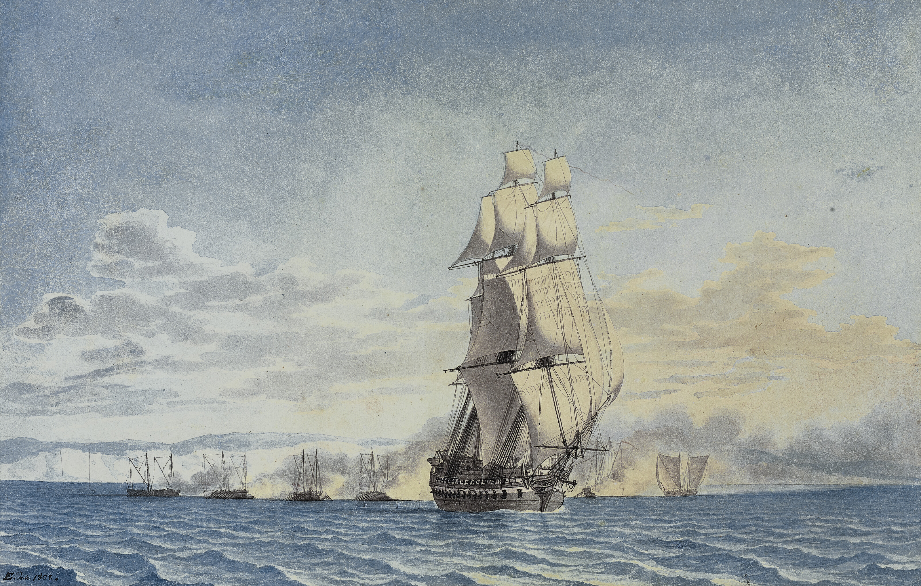 Christoffer Wilhelm Eckersberg — Датские канонерские лодки атаковали судно H.M.S. Tigress в Агерсе