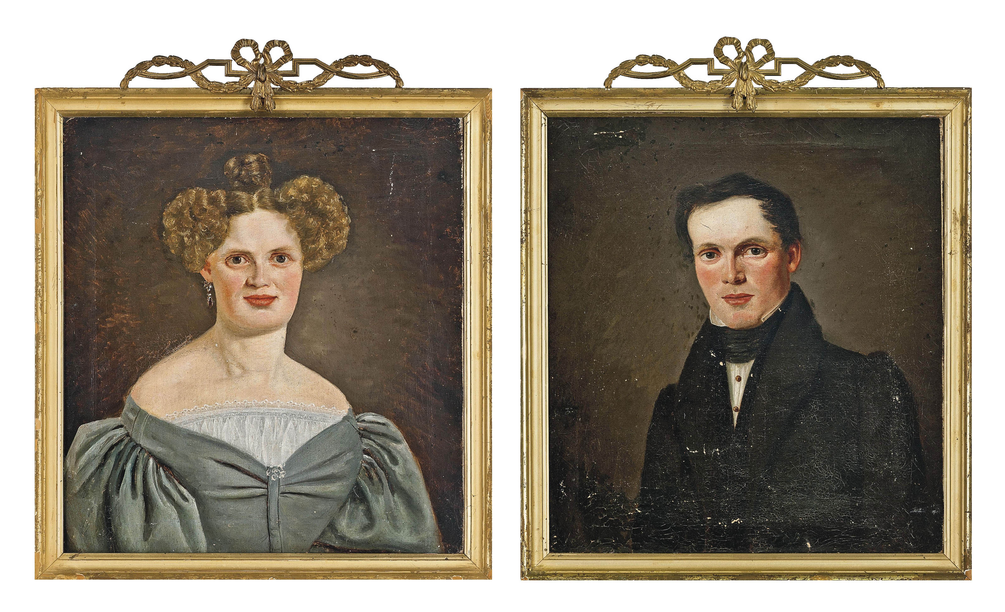 Christoffer Wilhelm Eckersberg — Портрет дамы в сером платье и портрет джентльмена в черном сюртуке и галстуке, оба длиной до груди.