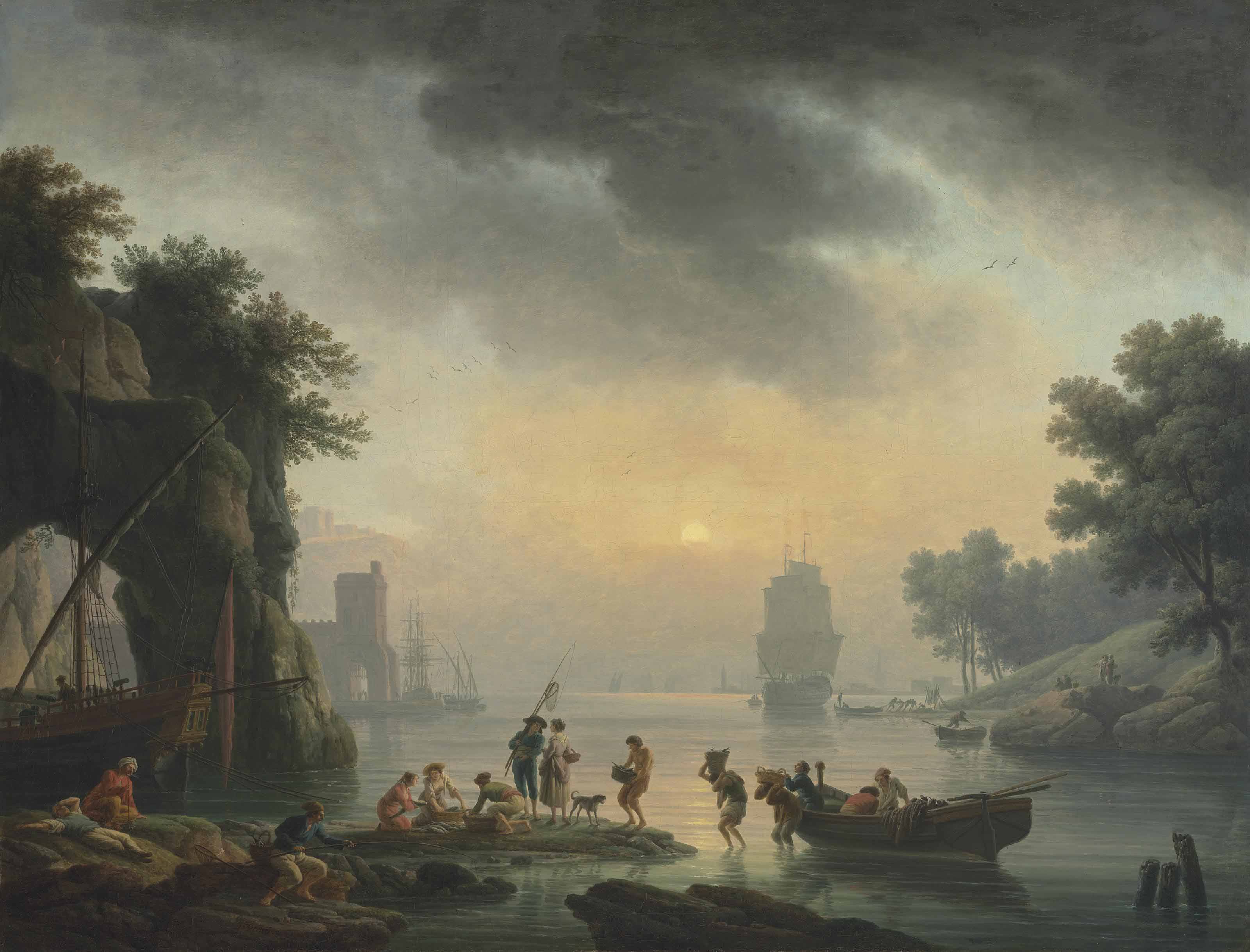 Claude Joseph Vernet — Средиземноморский морской порт с рыбаками, разгружающими груз, и фигурами, отдыхающими на берегу у скалистого выступа, вдали - военный корабль.