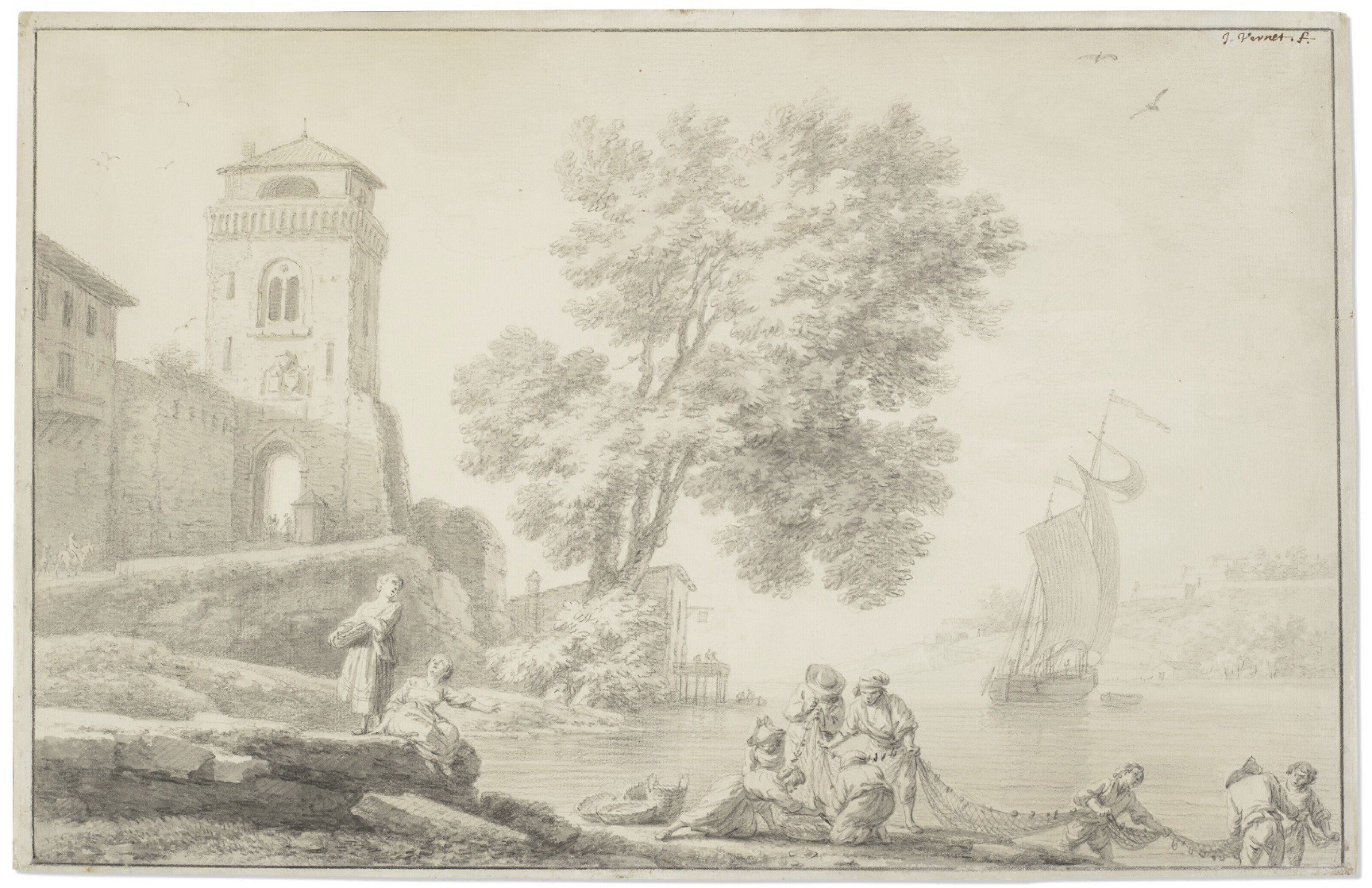 Claude Joseph Vernet — Сцена в порту: рыбаки спускают лодку на воду; Рыбаки на берегу вытягивают сеть у въезда в город.