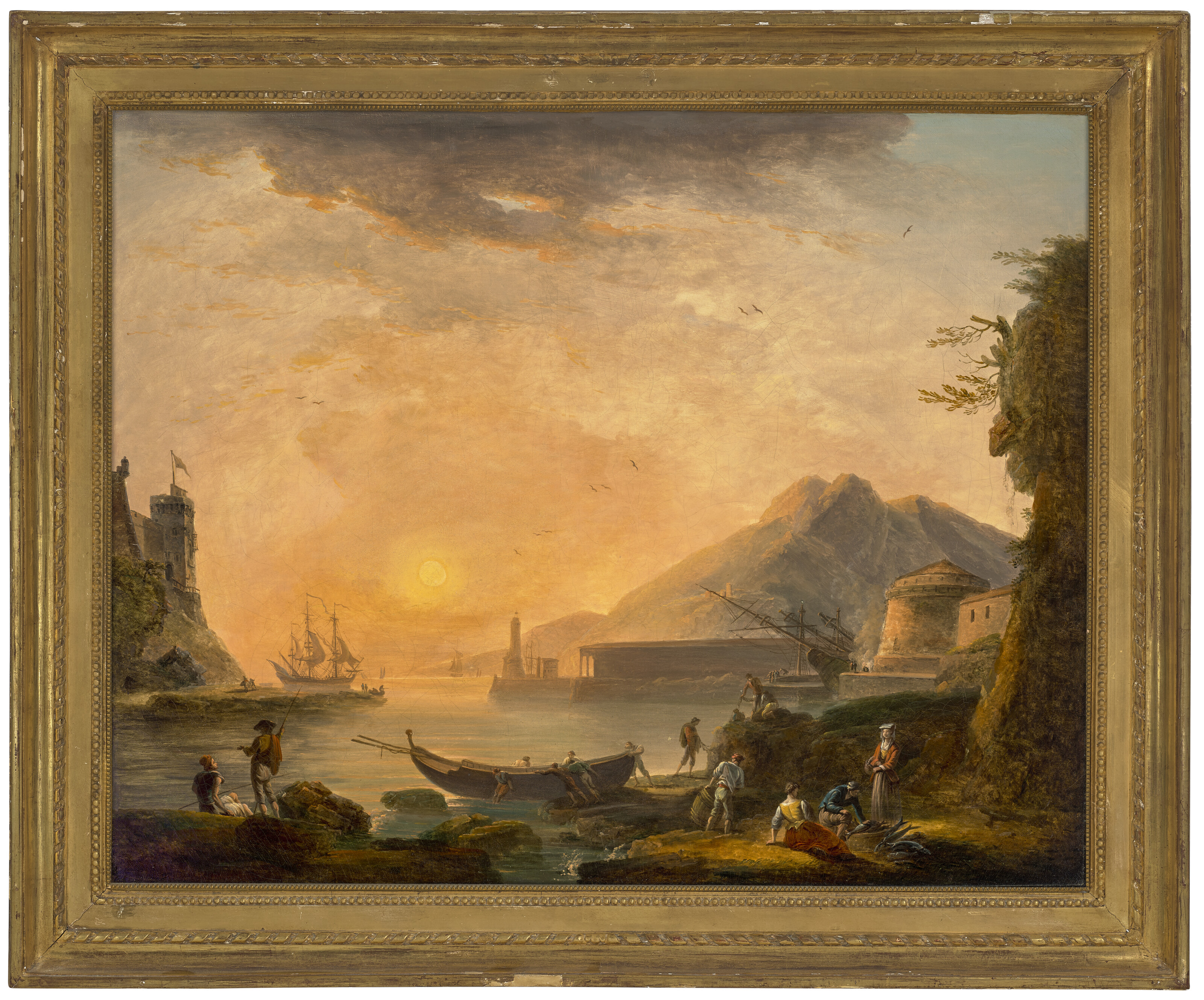 Claude Joseph Vernet — Пейзаж средиземноморской гавани в сумерках, фигуры на берегу и рыбаки, спускающие лодку на воду., изображение 2