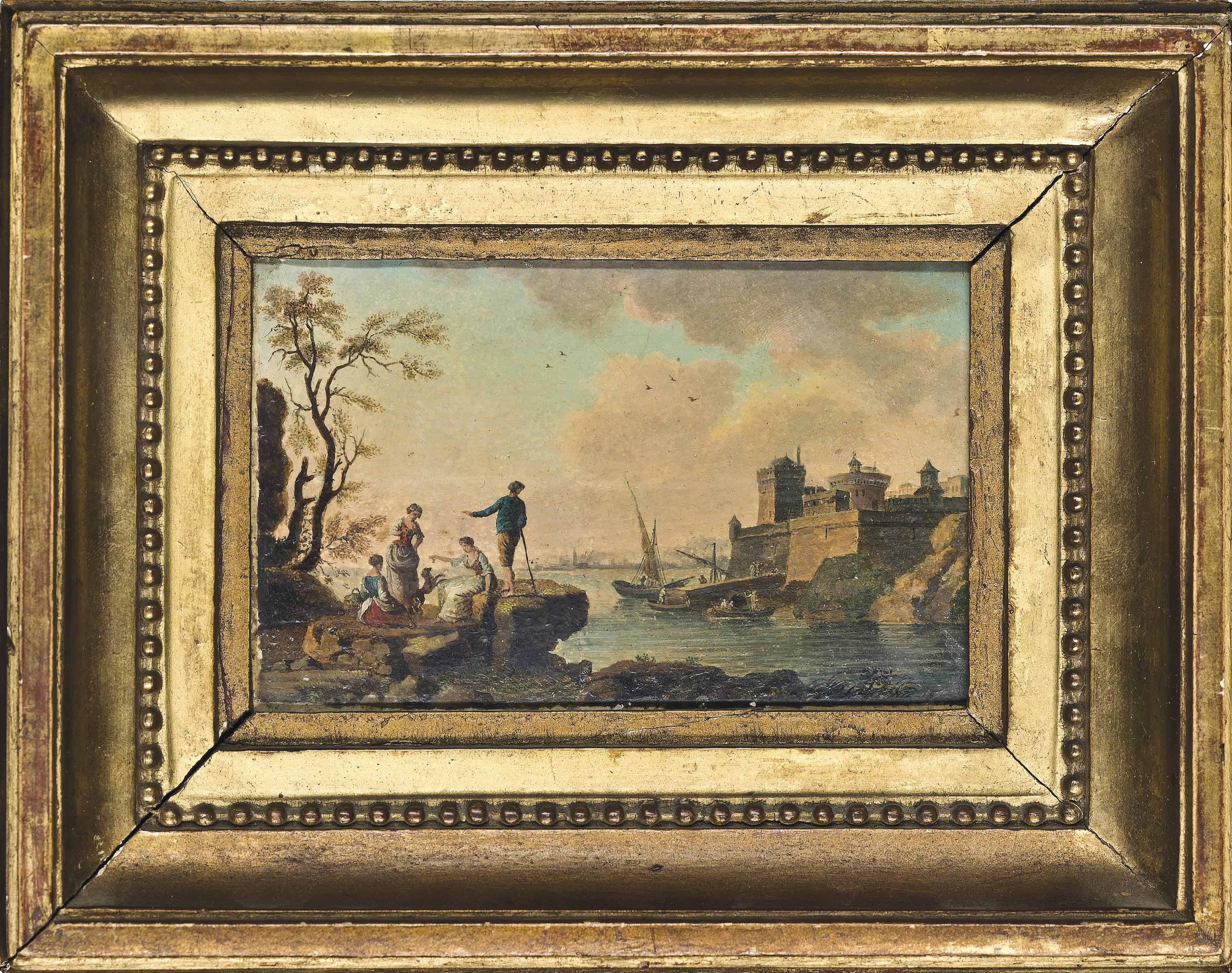 Claude Joseph Vernet — Прибрежный пейзаж с фигурами, беседующими на берегу; и прибрежный пейзаж с фигурами на берегу и укрепленным городом за ним.
