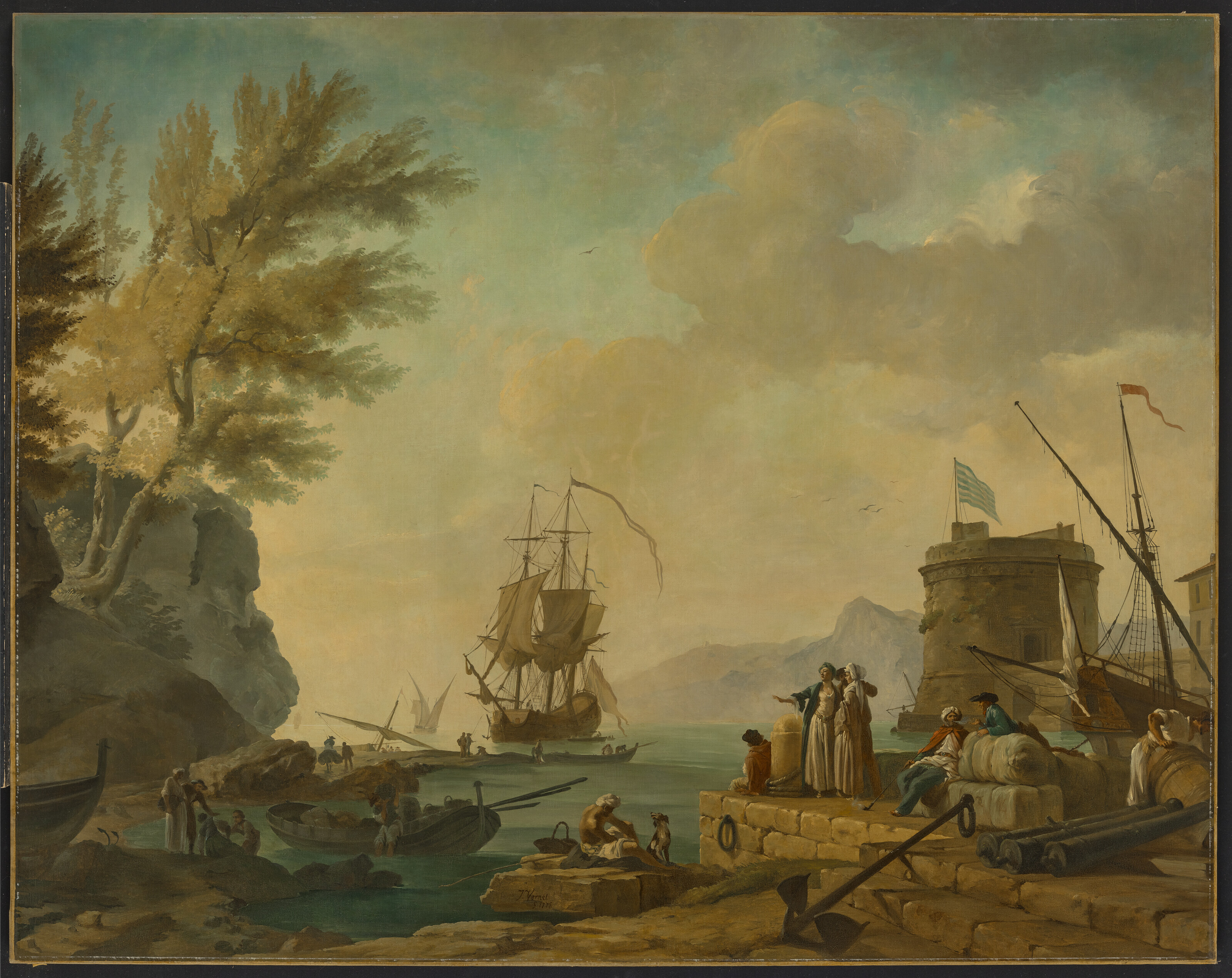 Claude Joseph Vernet — Сцена гавани на закате с фигурами на стене гавани справа; и гавань на закате с элегантными дамами на переднем плане., изображение 2