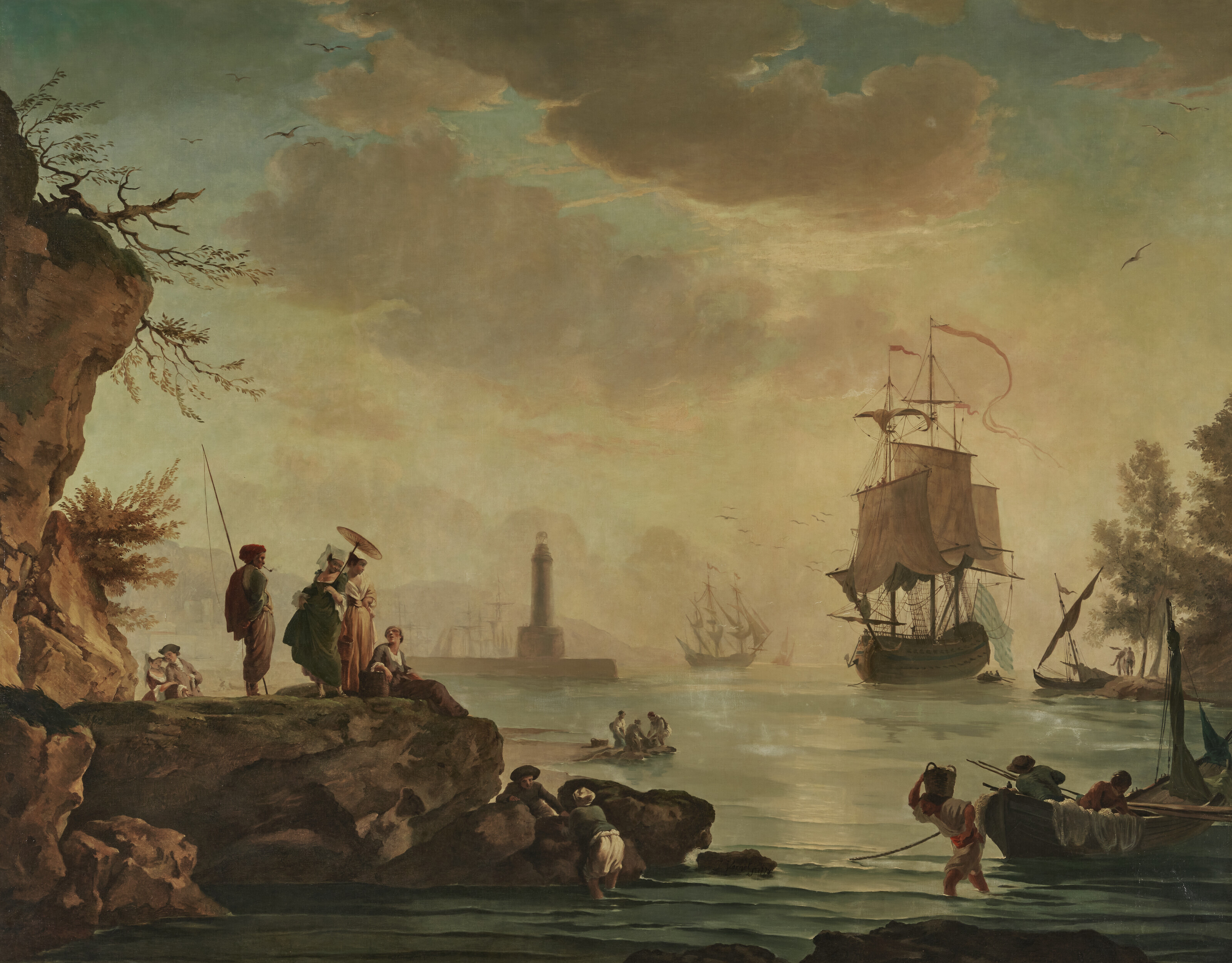 Claude Joseph Vernet — Сцена гавани на закате с фигурами на стене гавани справа; и гавань на закате с элегантными дамами на переднем плане., изображение 4