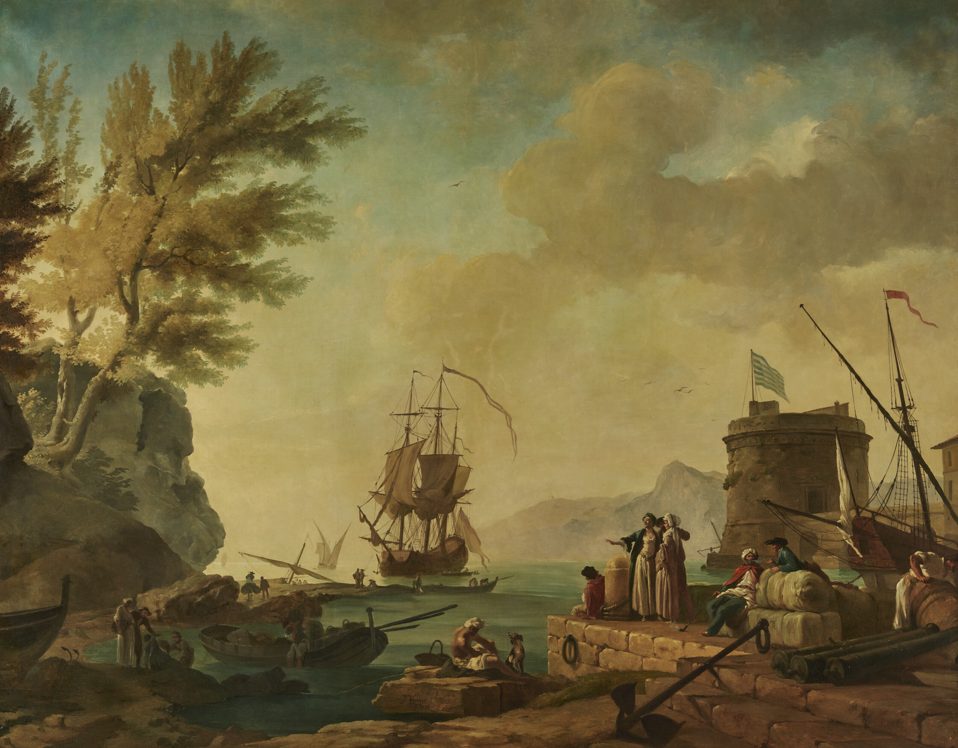 Claude Joseph Vernet — Сцена гавани на закате с фигурами на стене гавани справа; и гавань на закате с элегантными дамами на переднем плане., изображение 5