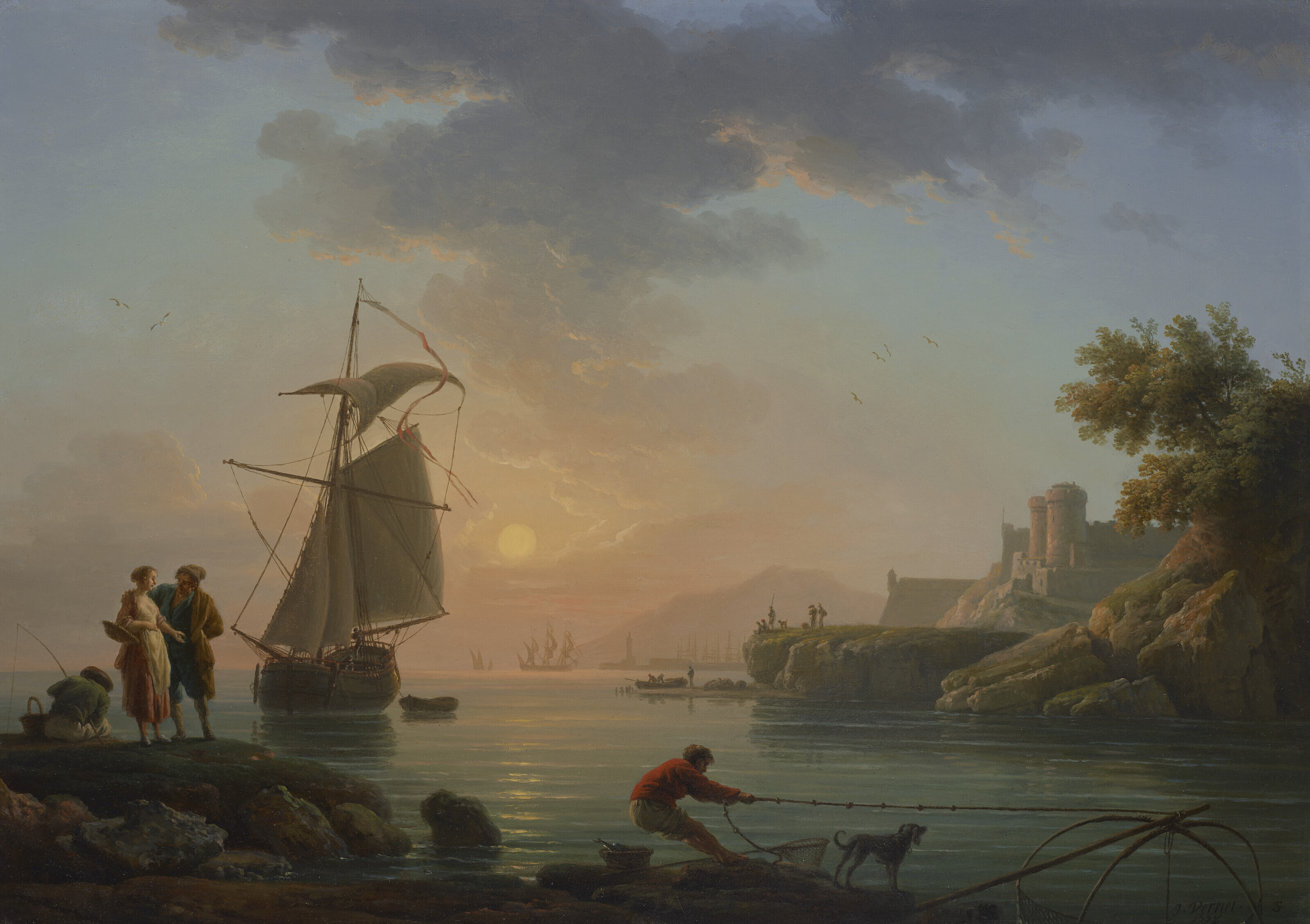 Claude Joseph Vernet — Средиземноморский порт на закате, с рыбаком на переднем плане, изображение 1
