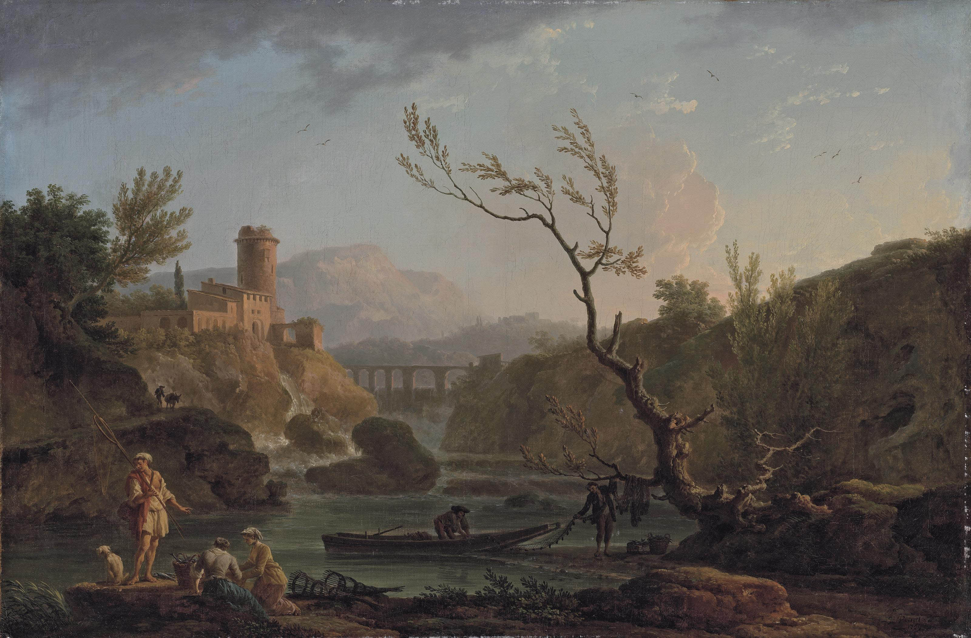 Claude Joseph Vernet — Живописный вид Монферрата на рассвете с ущельями Вердон и рекой Нартуби, рыбаки выгружают свой улов.