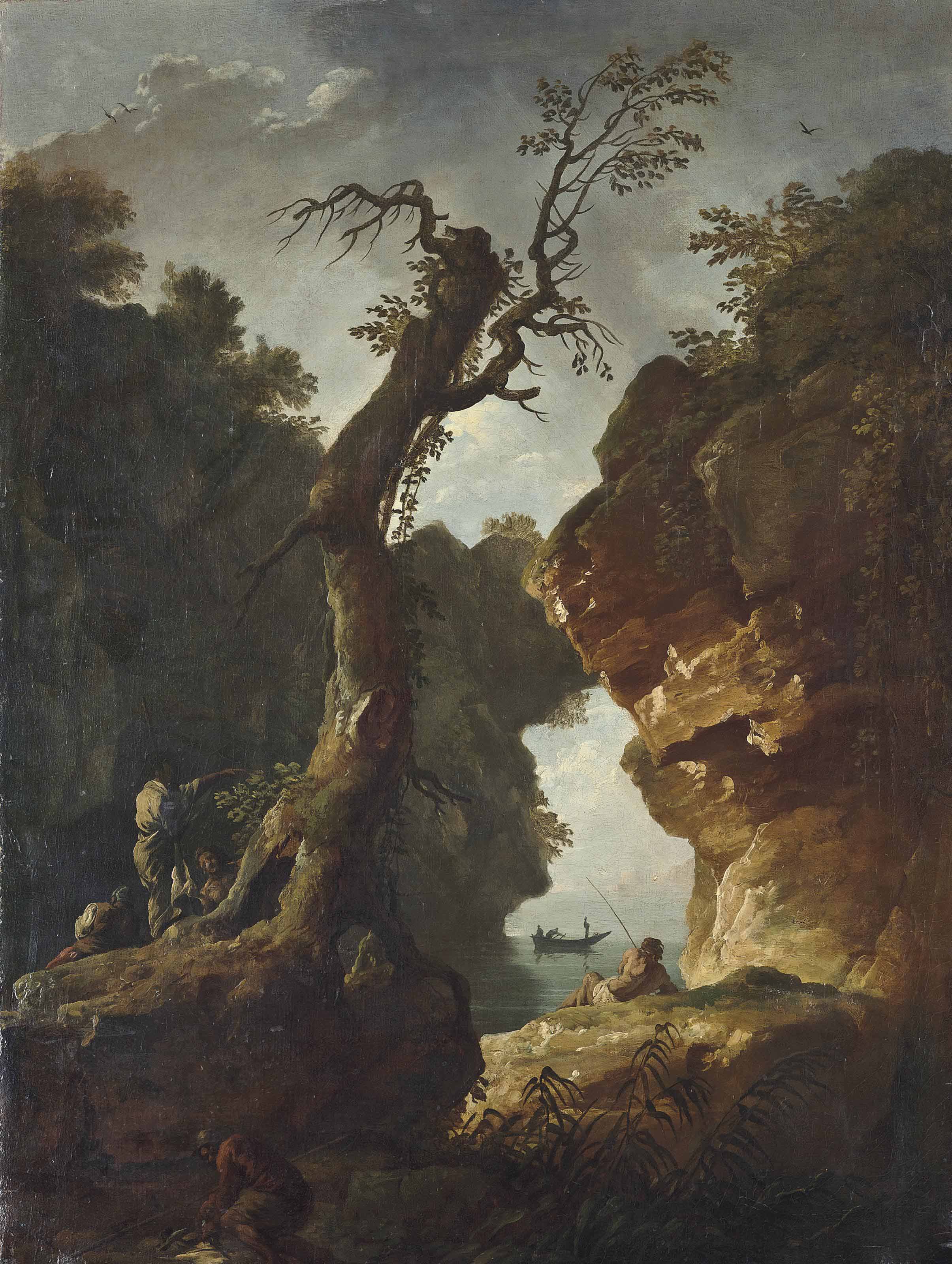 Claude Joseph Vernet — Рыбак и другие фигуры на фоне скалистого прибрежного пейзажа, лодка на горизонте
