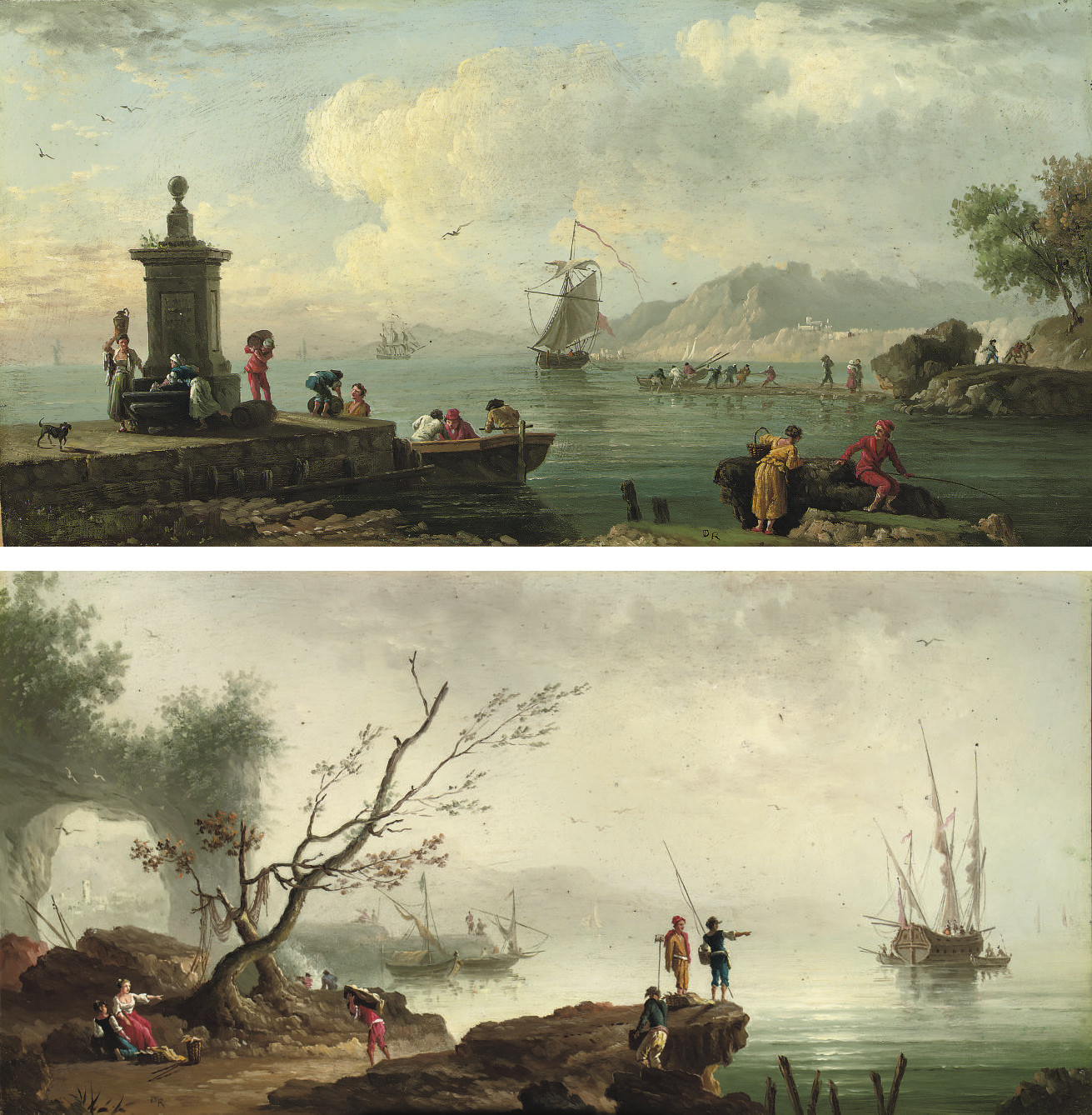 Claude Joseph Vernet — Итальянский прибрежный пейзаж с фигурами на набережной; и итальянский прибрежный пейзаж с фигурами, наблюдающими за закатом