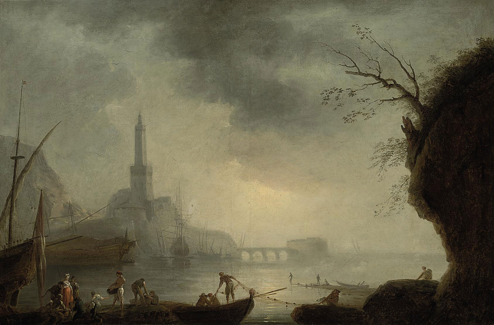 Claude Joseph Vernet — Средиземноморский прибрежный залив с рыбаками, забрасывающими свои сети, укрепленный город за его пределами.