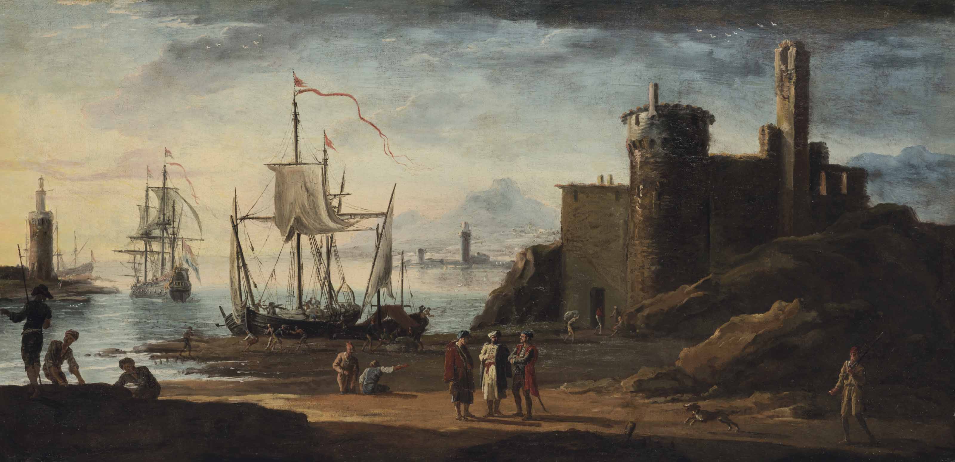 Claude Joseph Vernet — Сцена в средиземноморском порту с фигурами в восточных одеждах, военными моряками и грузчиками, разгружающими груз