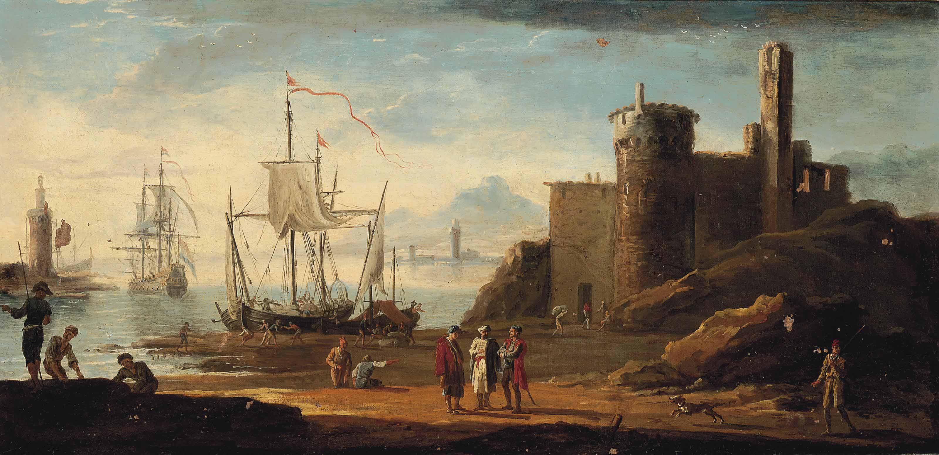 Claude Joseph Vernet — Сцена в средиземноморском порту с фигурами в восточных одеждах, военными моряками и грузчиками, разгружающими груз