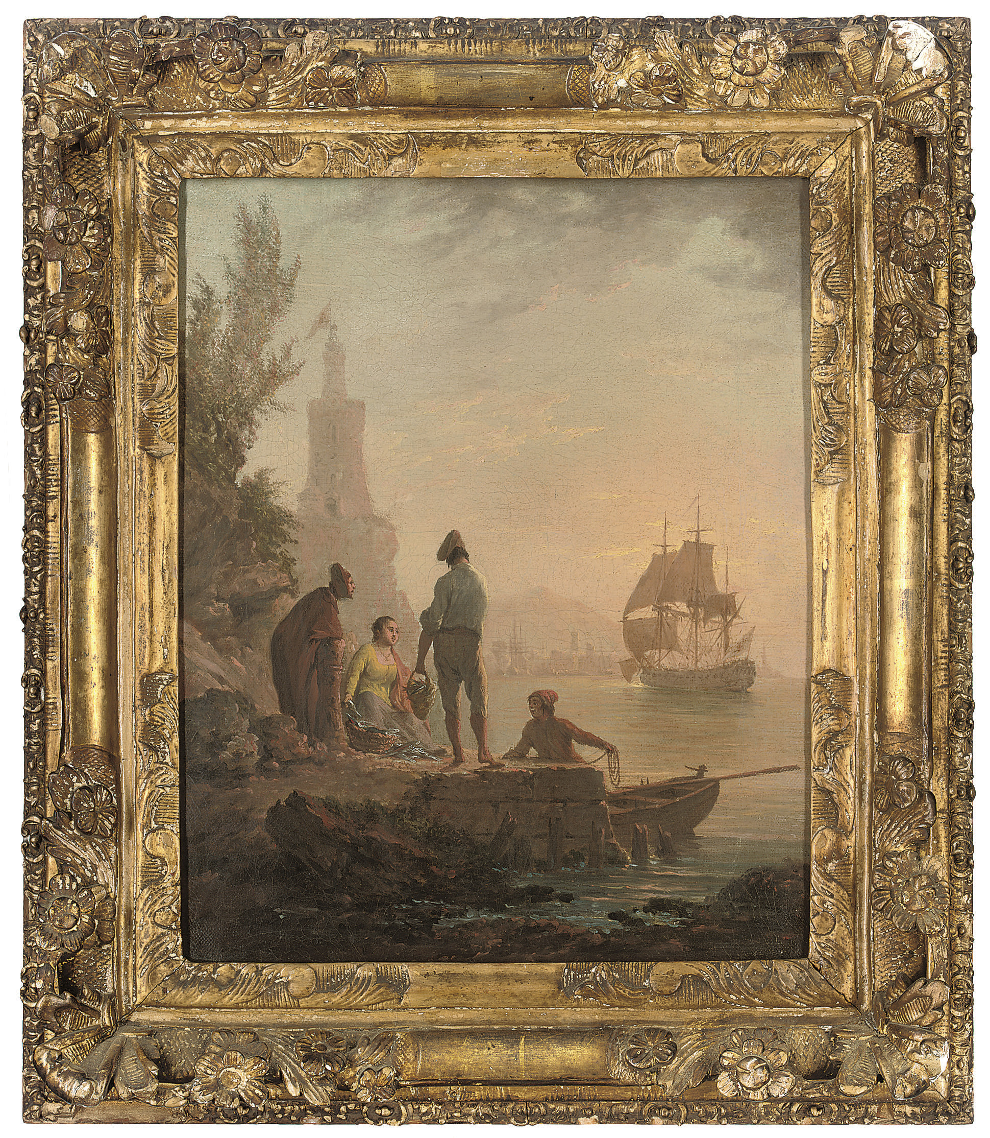 Claude Joseph Vernet — A Mediterranean coastal inlet with fisherfolk on rocks at sunset