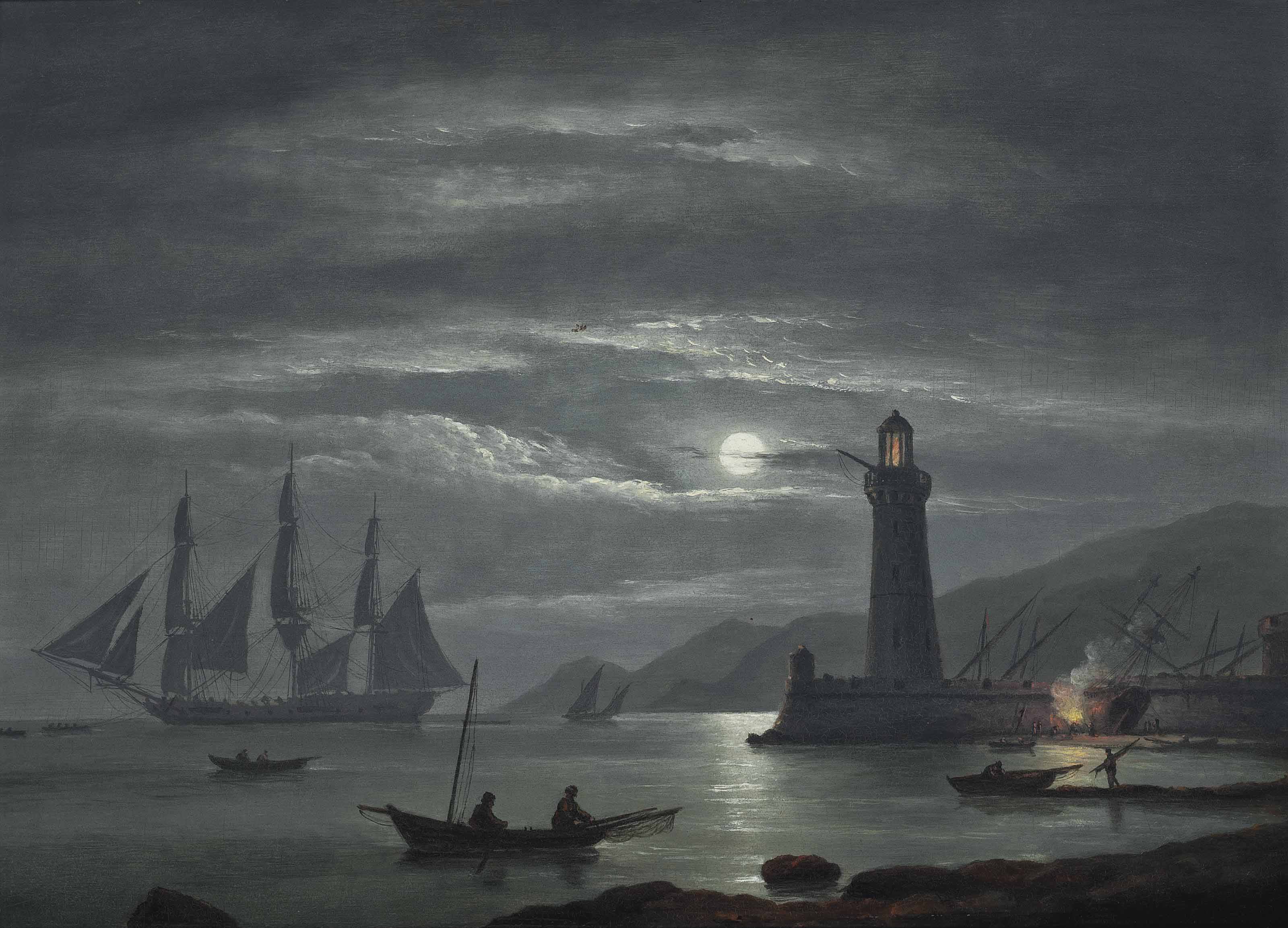 Claude Joseph Vernet — Залитый лунным светом прибрежный пейзаж с гребными лодками и стоящим на якоре кораблем за ними.