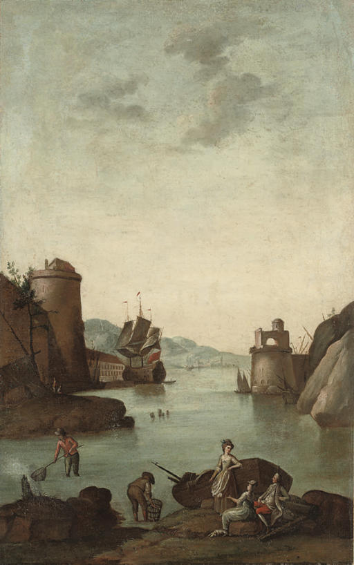 Claude Joseph Vernet — Средиземноморский прибрежный залив с укрепленным городом, фигуры рыбаков на переднем плане и корабль за ним; и Средиземноморский прибрежный залив с укрепленным городом, фигуры рыбаков и выходящих из лодки на переднем плане и корабль за ним.
