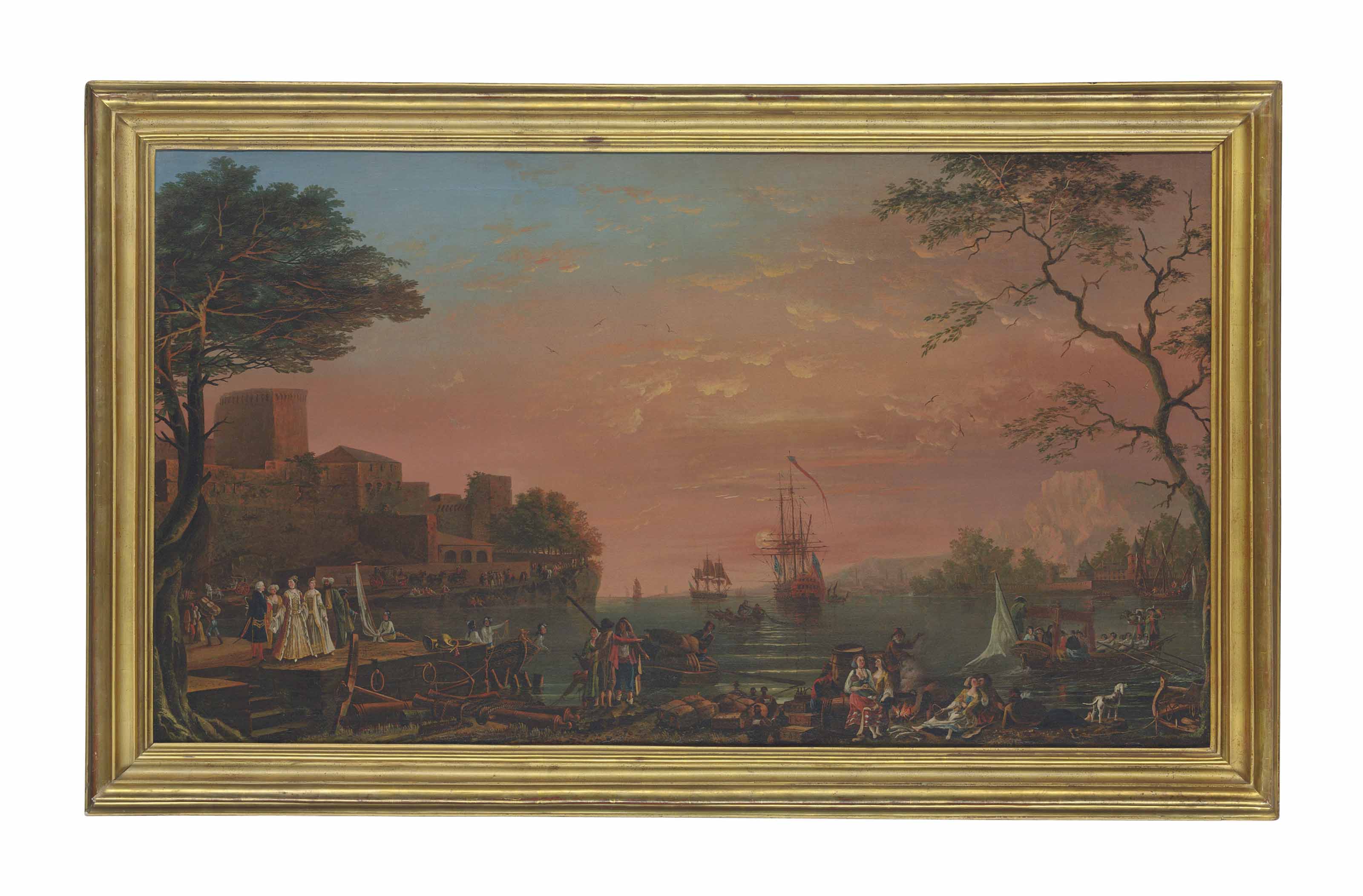 Claude Joseph Vernet — Пейзаж средиземноморской гавани с элегантной компанией и другими фигурами