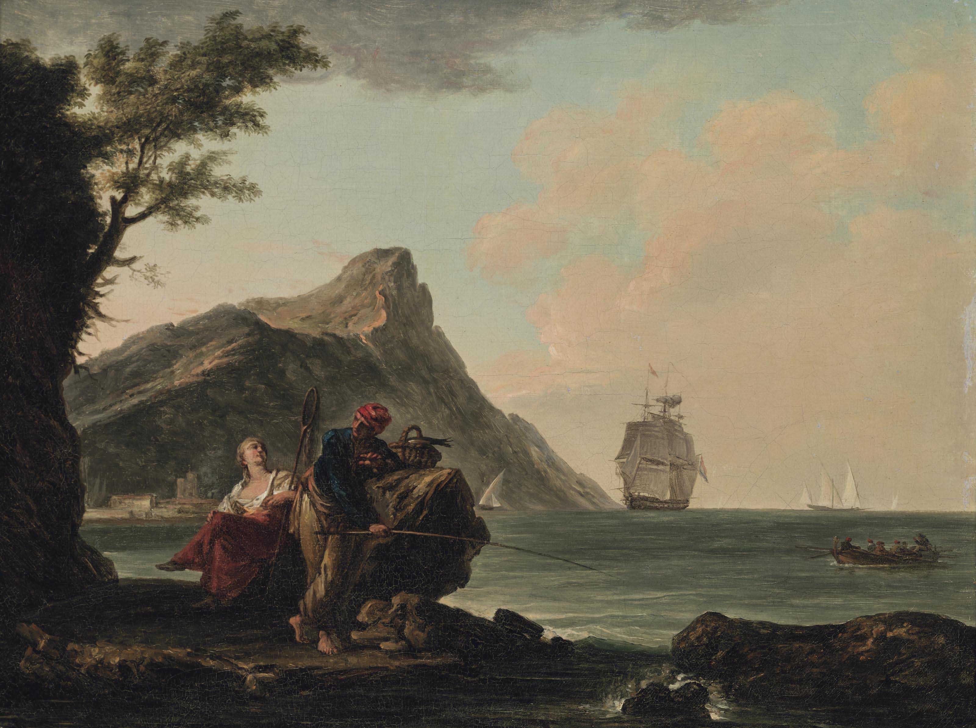 Claude Joseph Vernet — Прибрежный пейзаж с фигурами на берегу, кораблями за его пределами.