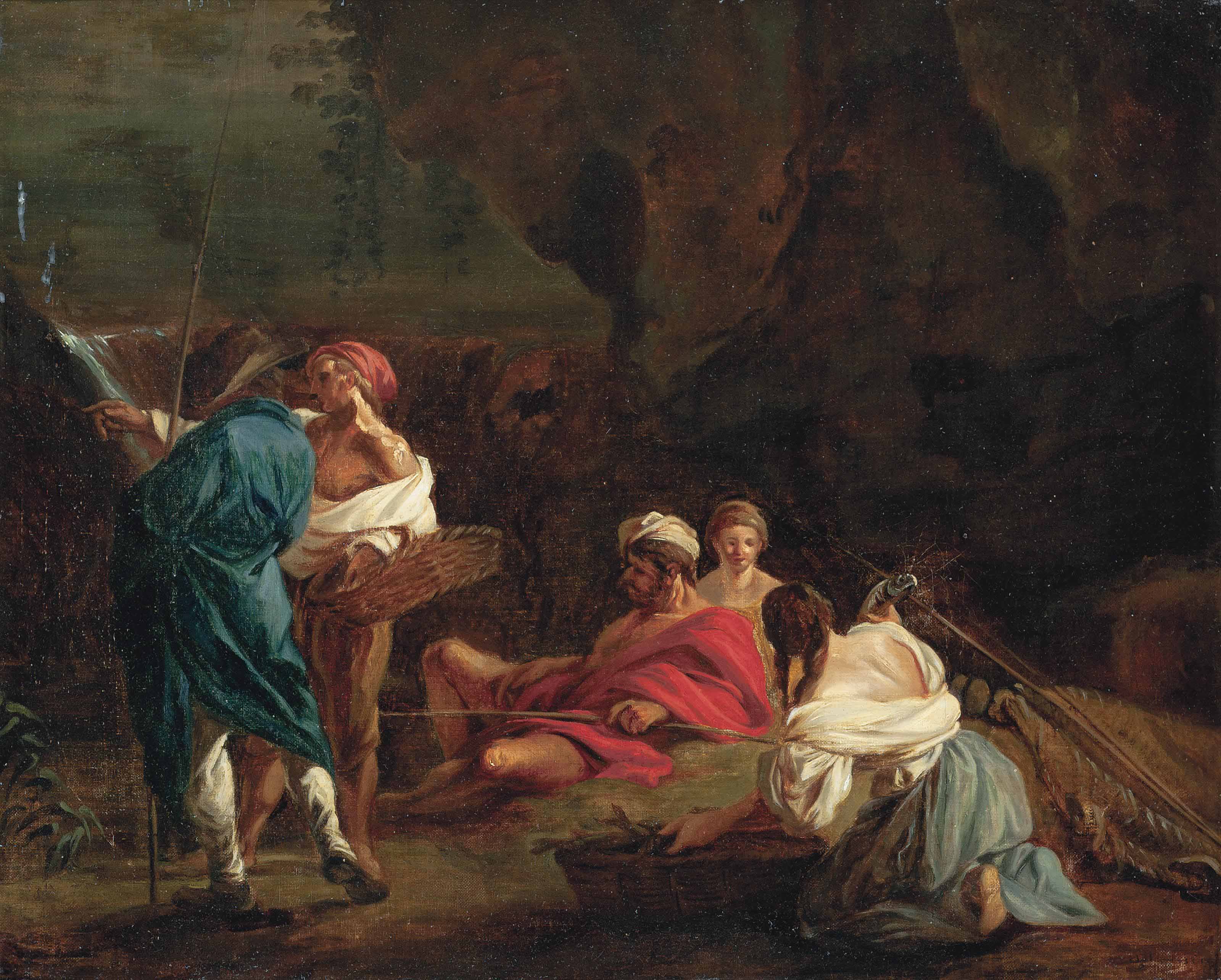 Claude Joseph Vernet — Рыбаки отдыхают, беседуя на фоне скалистого пейзажа, водопада за ним.