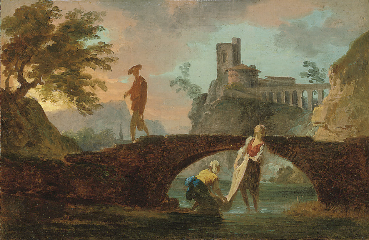 Claude Joseph Vernet — Итальянский речной пейзаж с прачками и фигурой на мосту