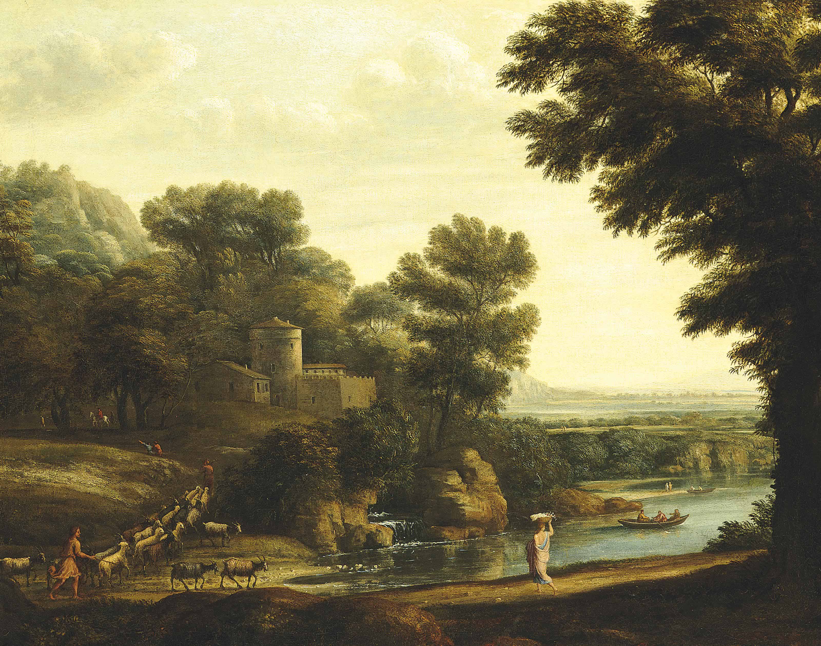 Claude Lorrain — Лесистый речной пейзаж с путешественниками, пастухами и их стадами на тропинке, укрепленный город за ним.