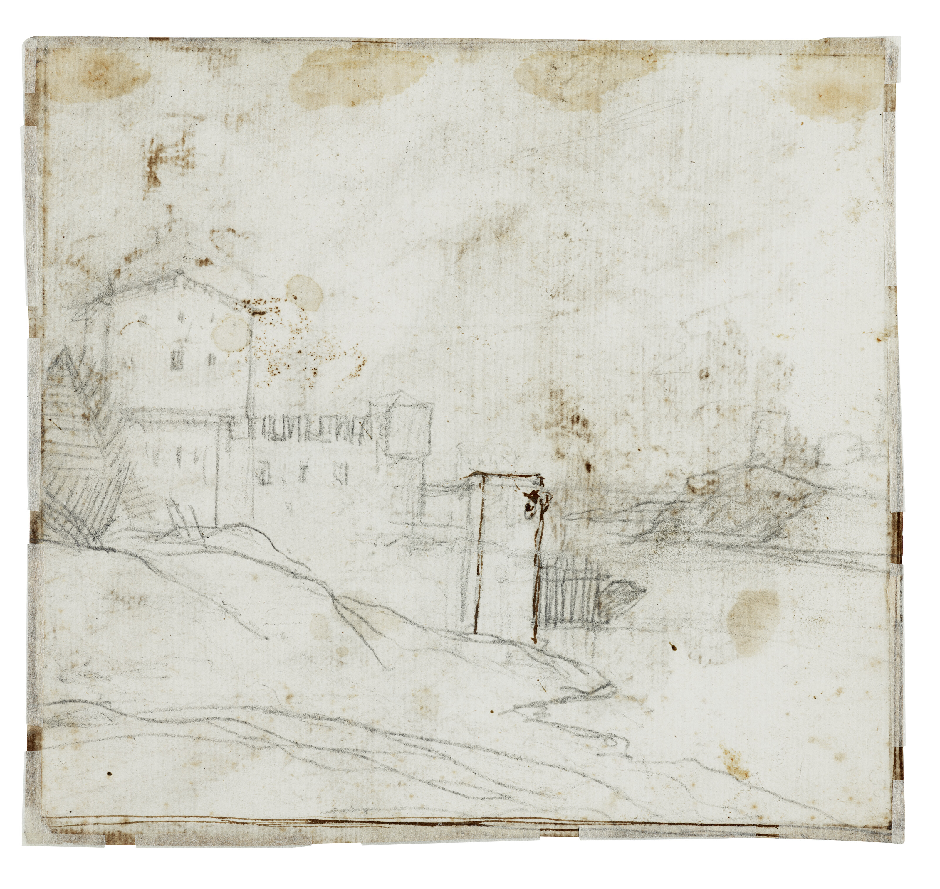 Claude Lorrain — Скалистый пейзаж со святым Иоанном Крестителем, сидящим на утесе (справа); Дом, окруженный стеной, на берегу реки (слева), изображение 2