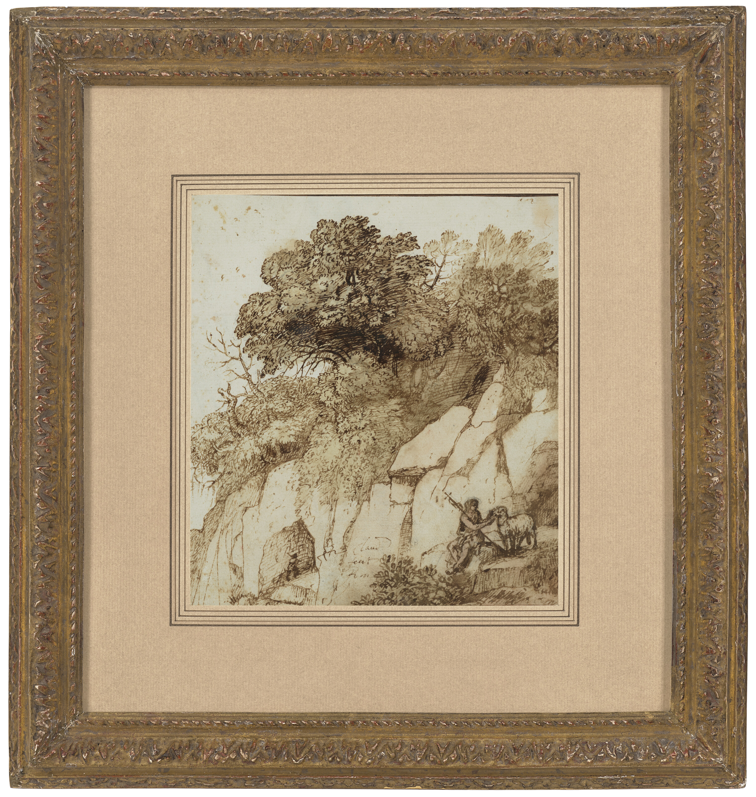 Claude Lorrain — Скалистый пейзаж со святым Иоанном Крестителем, сидящим на утесе (справа); Дом, окруженный стеной, на берегу реки (слева), изображение 3