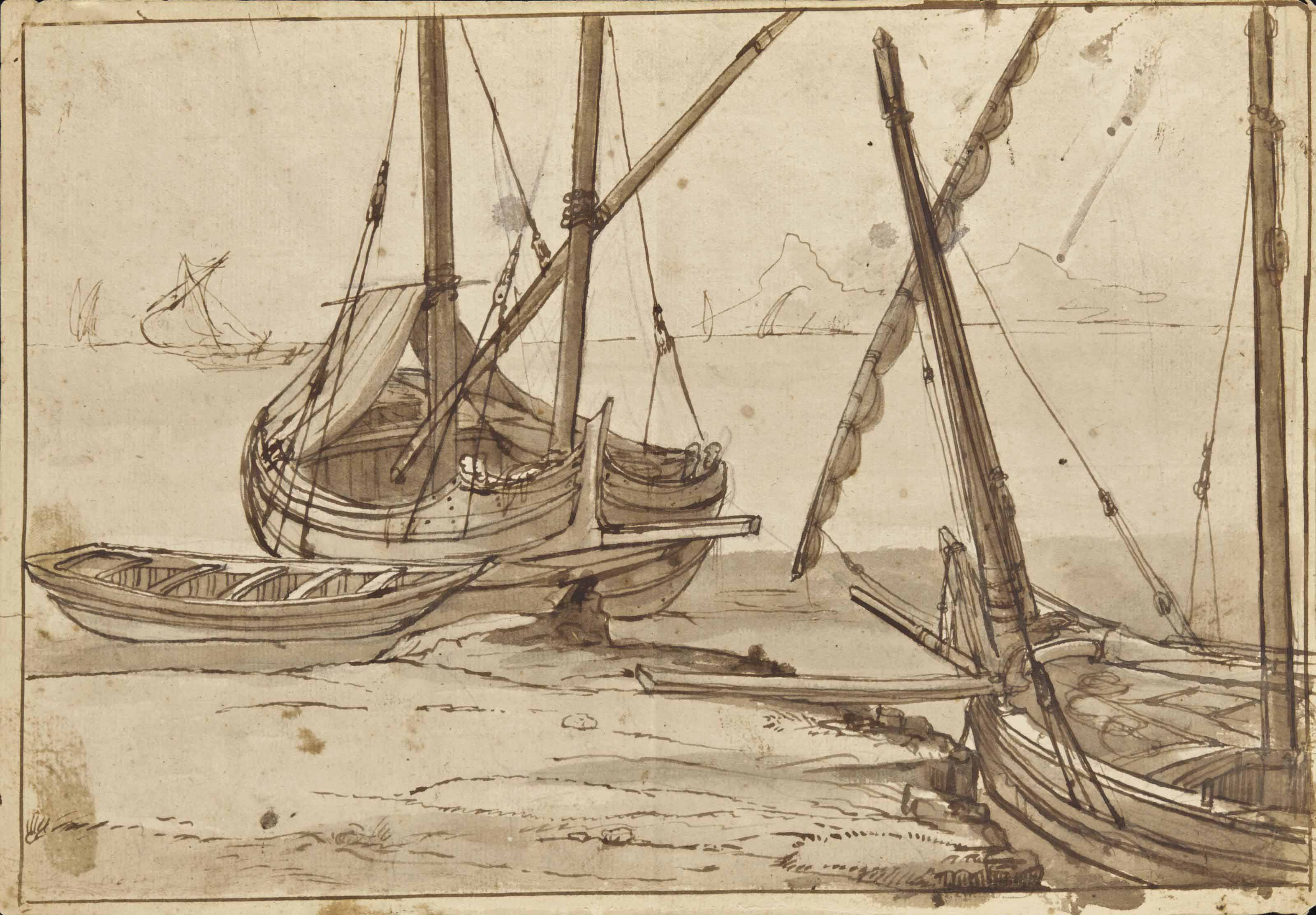 Claude Lorrain — Рыболовецкие суда и весельная лодка, пришвартованные к берегу, парусные суда в бухте за