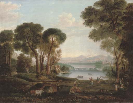Claude Lorrain — Итальянский речной пейзаж с танцующими и музицирующими фигурами на берегу, город за ним.