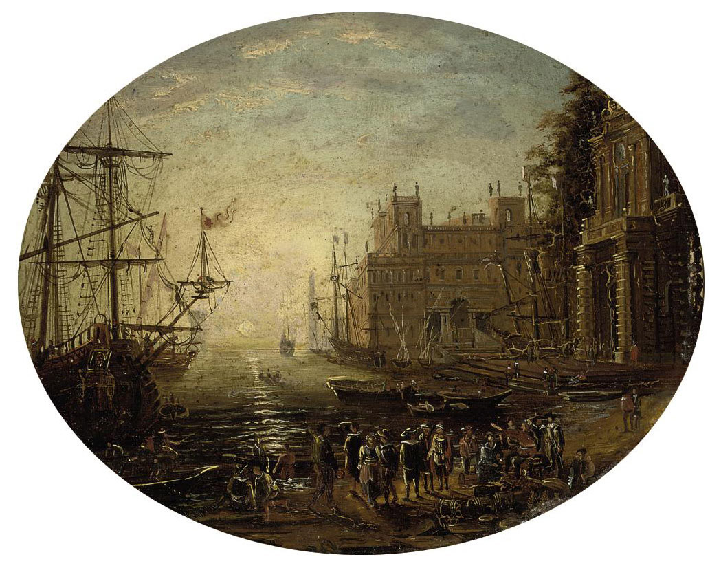 Claude Lorrain — Архитектурное каприччио с фигурами, беседующими на закате