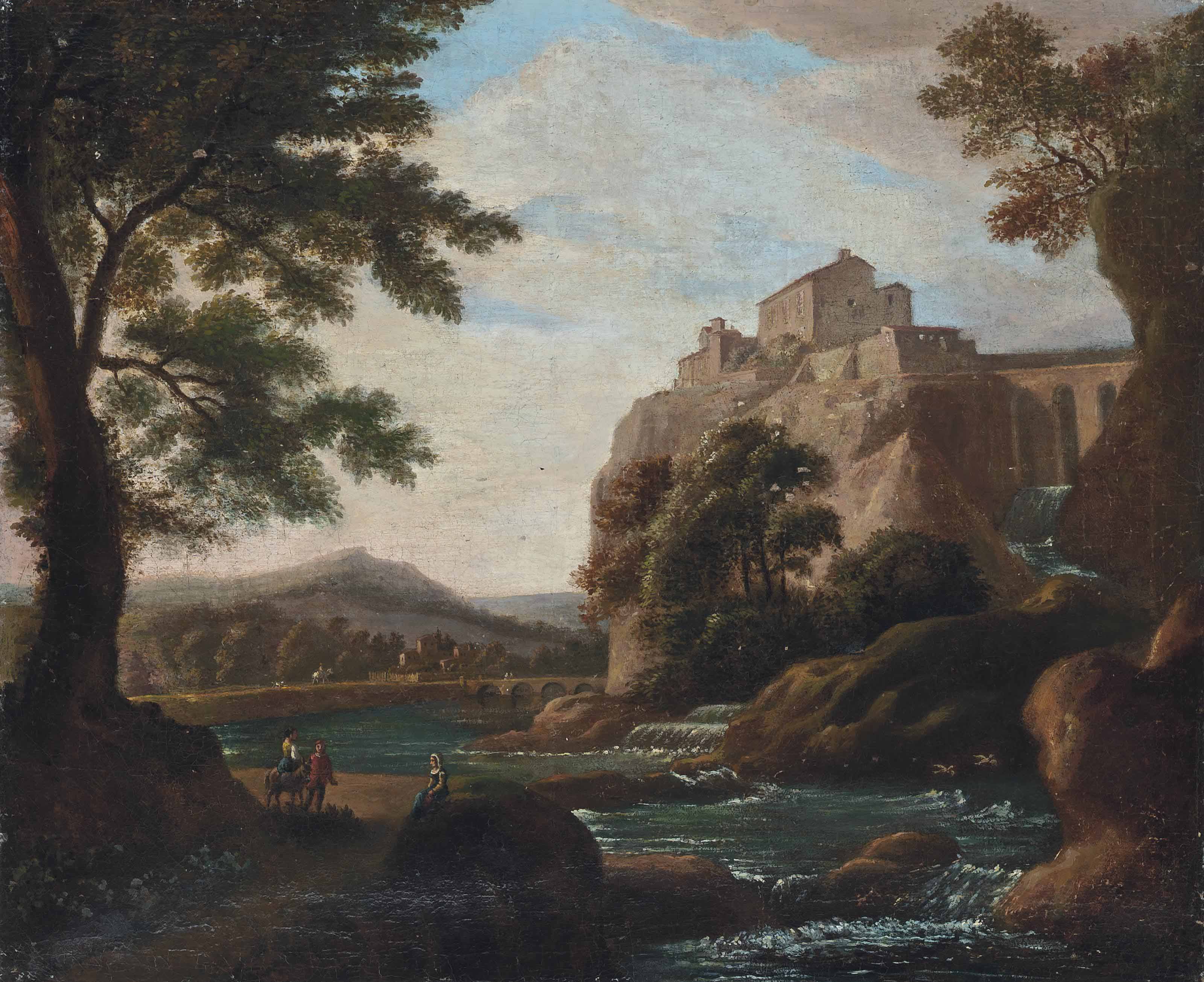 Claude Lorrain — Скалистый речной пейзаж с городом на вершине холма за ним