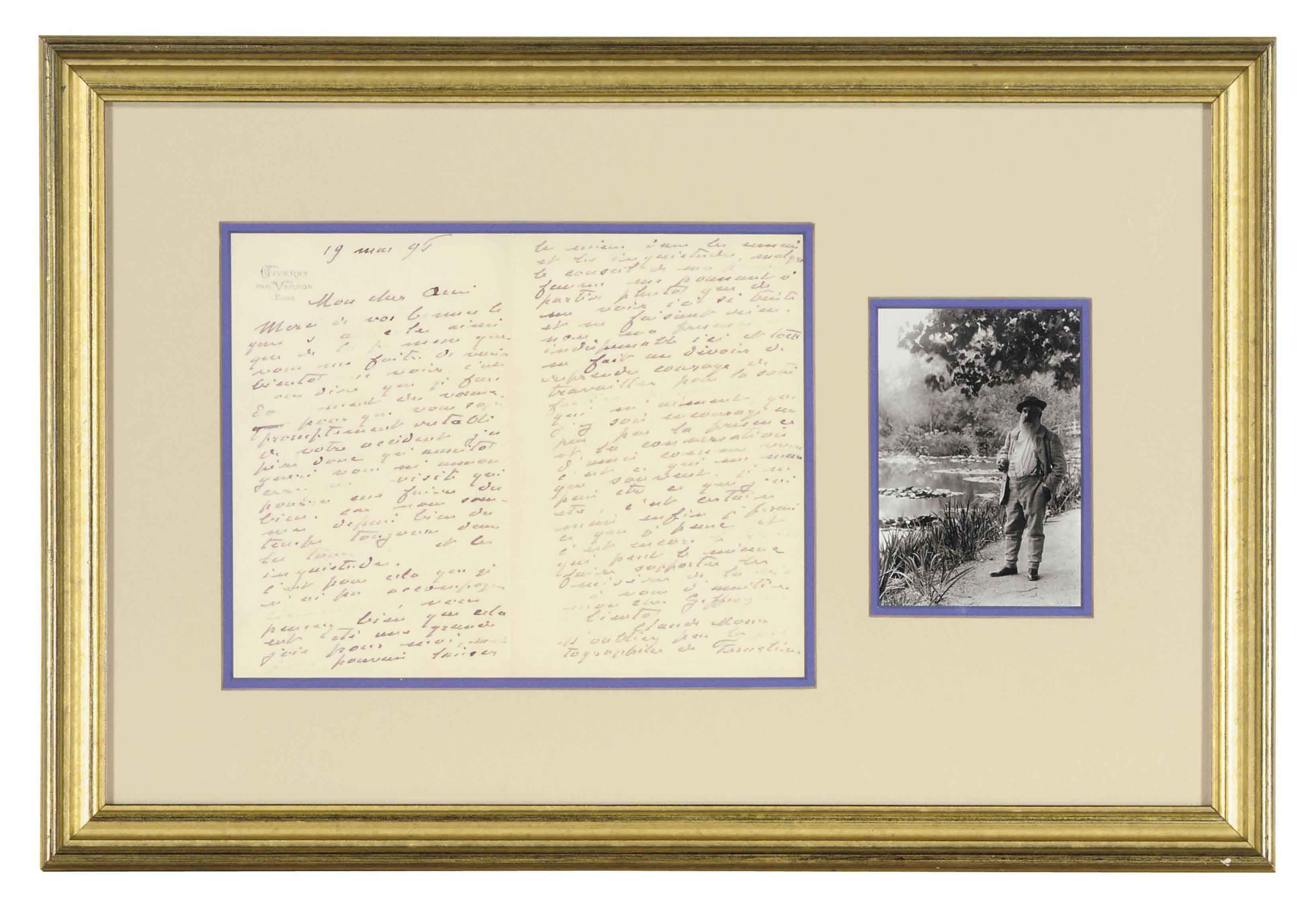 Claude Monet — Моне, Клод. Письмо с автографом, адресованное Гюставу Жеффруа, Живерни, 19 мая 1895 года. 2 страницы, 8 страниц. В нем он обсуждает свои планы путешествия и семейные трудности. Обрамленный.