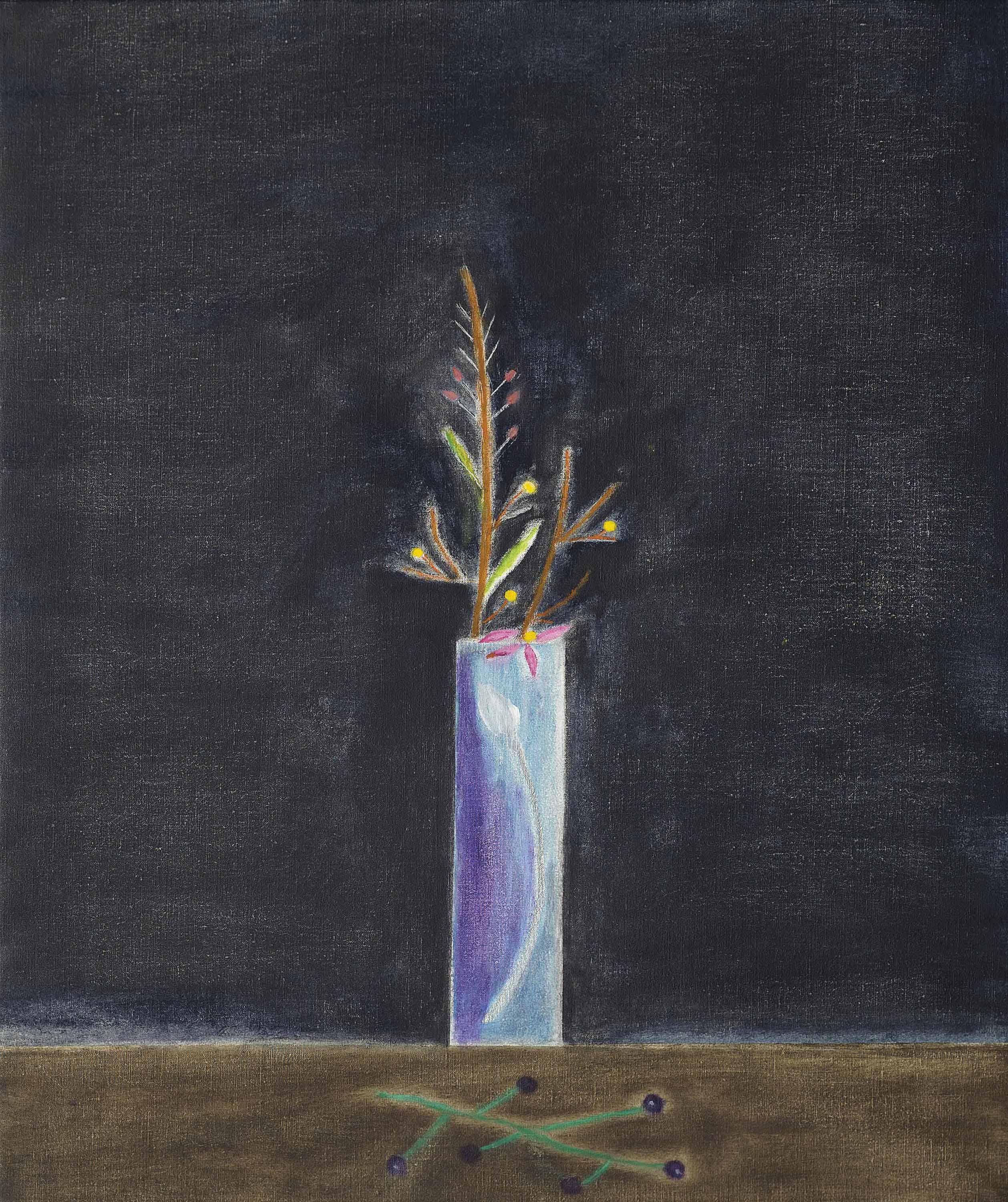 Craigie Aitchison — Натюрморт с голубой вазой и мимозой