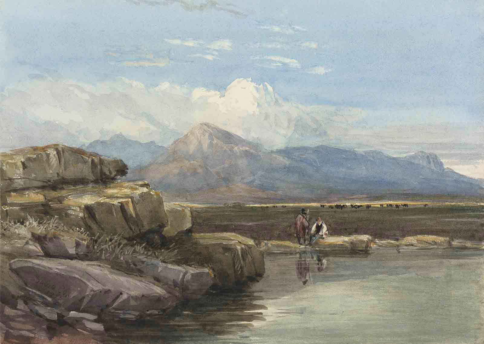 David Cox — Фигуры у скалистого пруда, за городом Сноудон, Северный Уэльс