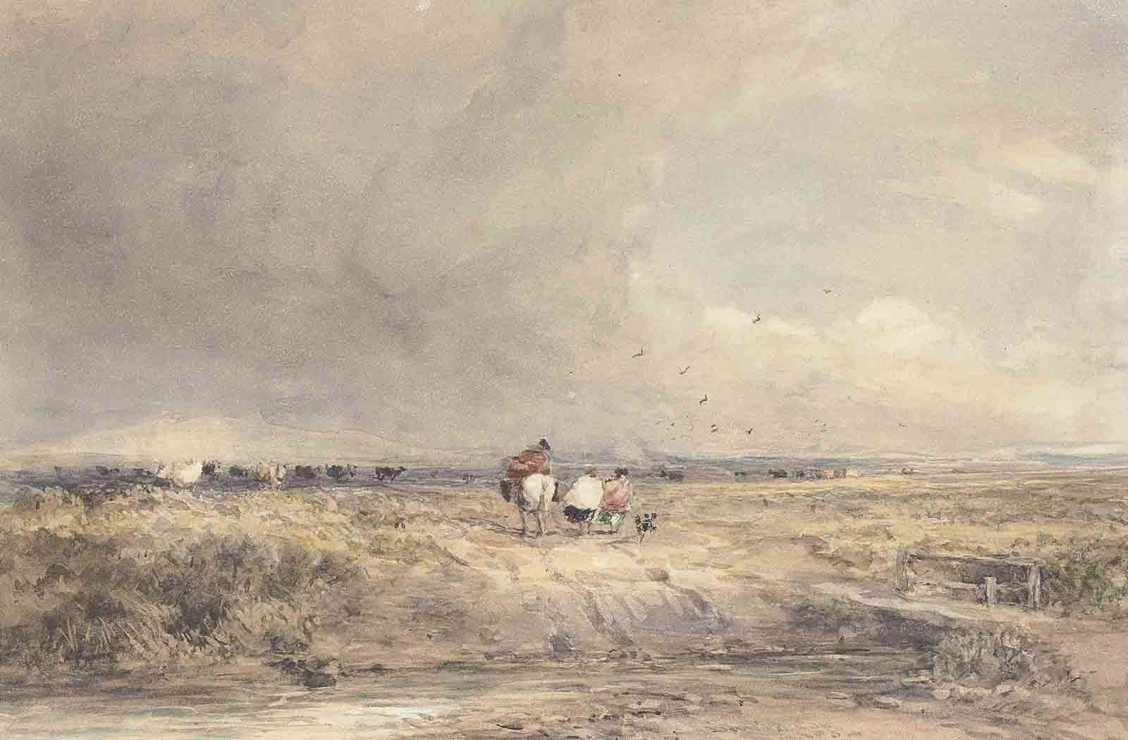 David Cox — Фигуры на дороге в ветреный день, скот за ее пределами.