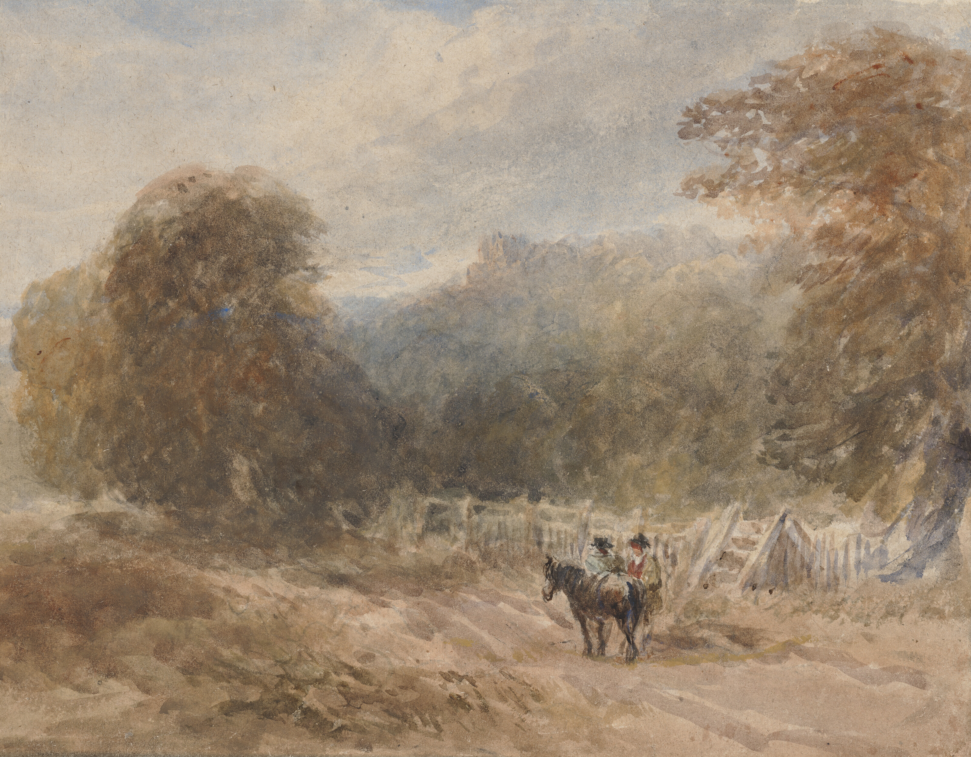 David Cox — Фигуры с пони у забора, замком за ним (справа ) и изображением деревьев ( сзади ), изображение 1